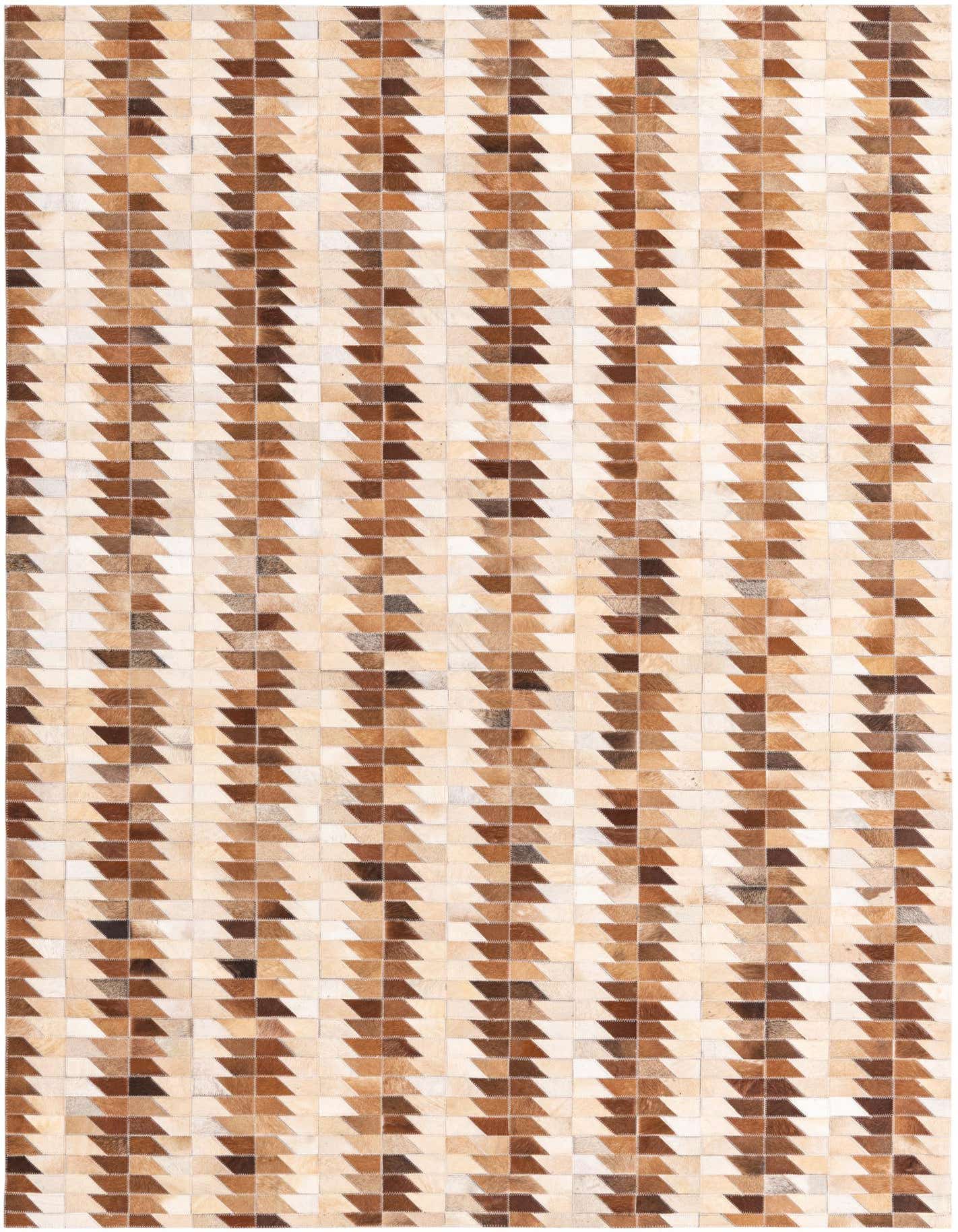 A 5x8 rectangular Cowhide rug featuring a modern geometric pattern of alternating brown and tan parallelogram patches.