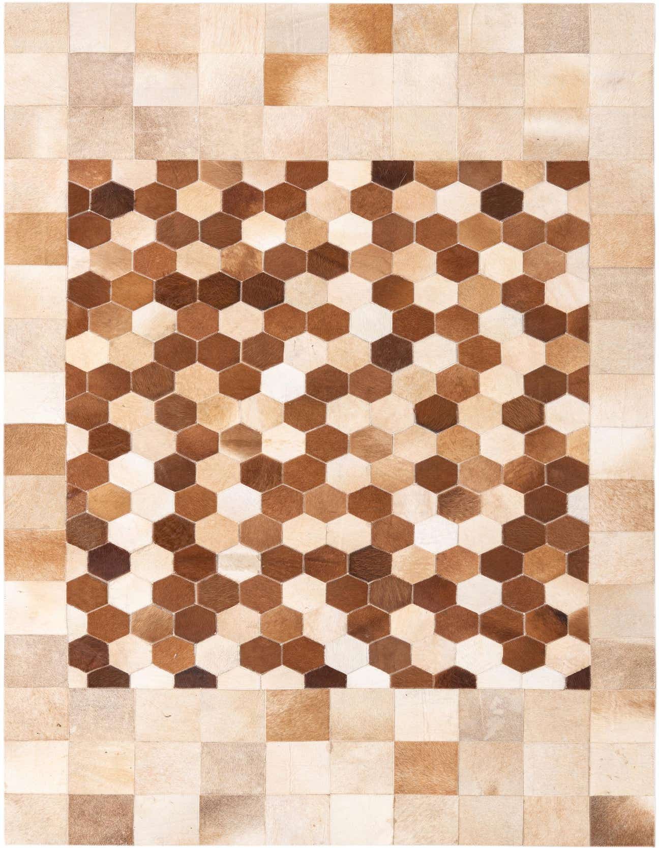 A 5x8 rectangular Cowhide rug featuring a modern design with a central honeycomb pattern in varying shades of brown and tan, bordered by solid tan square patches.