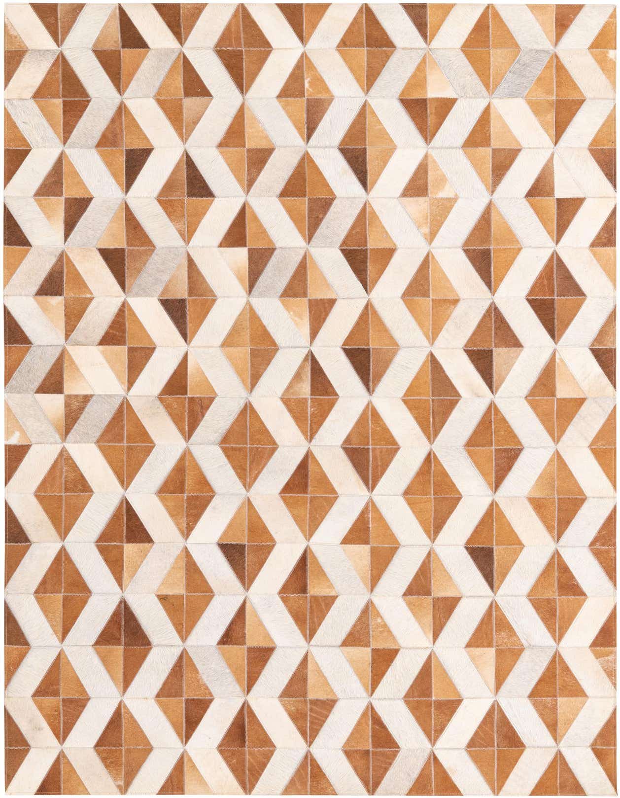 A 5x8 rectangular Cowhide rug featuring a modern geometric pattern of interlocking brown, tan, and cream diamond shapes.