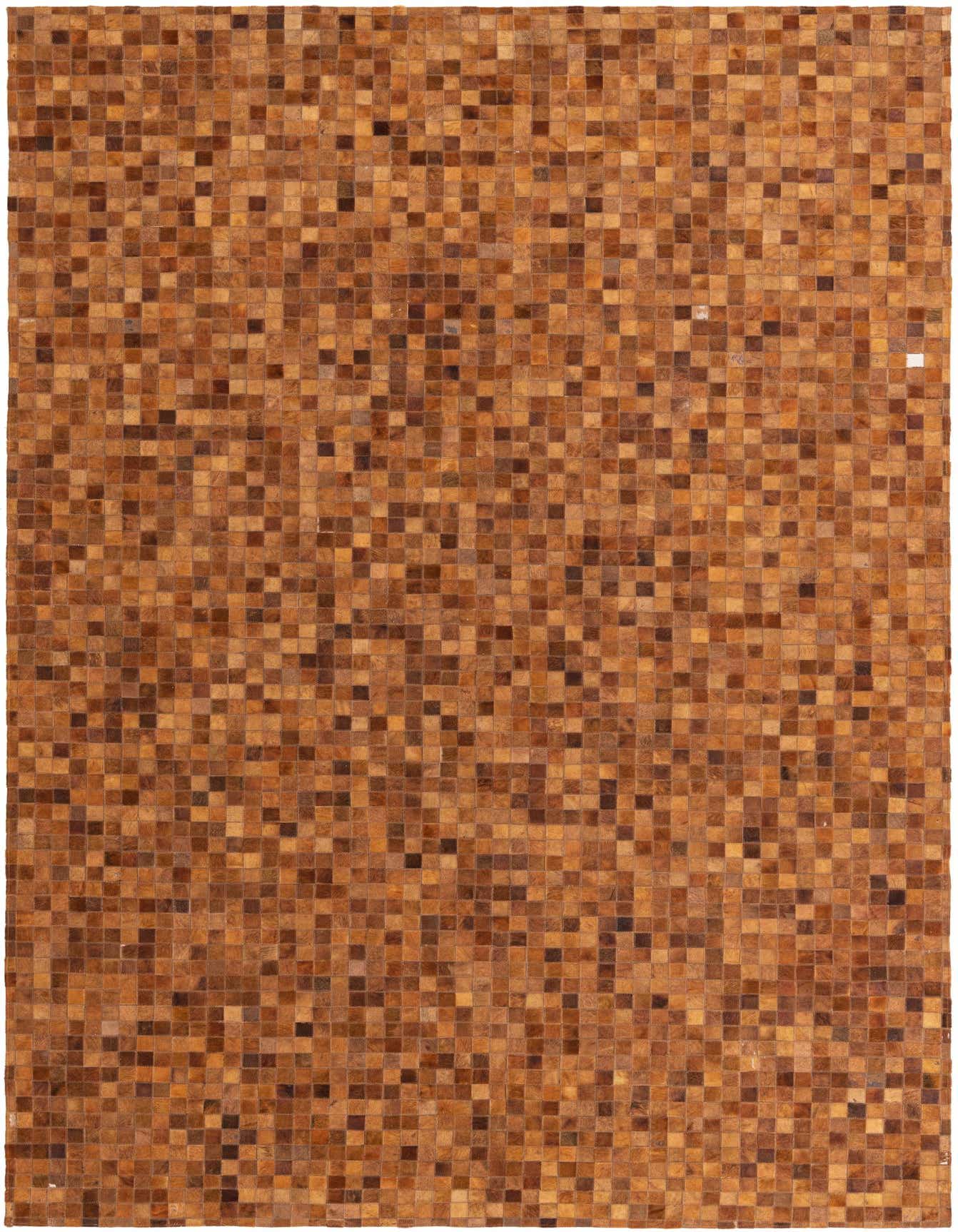 A 7x10 rectangular Cowhide rug featuring a modern mosaic pattern of varying brown and tan squares.