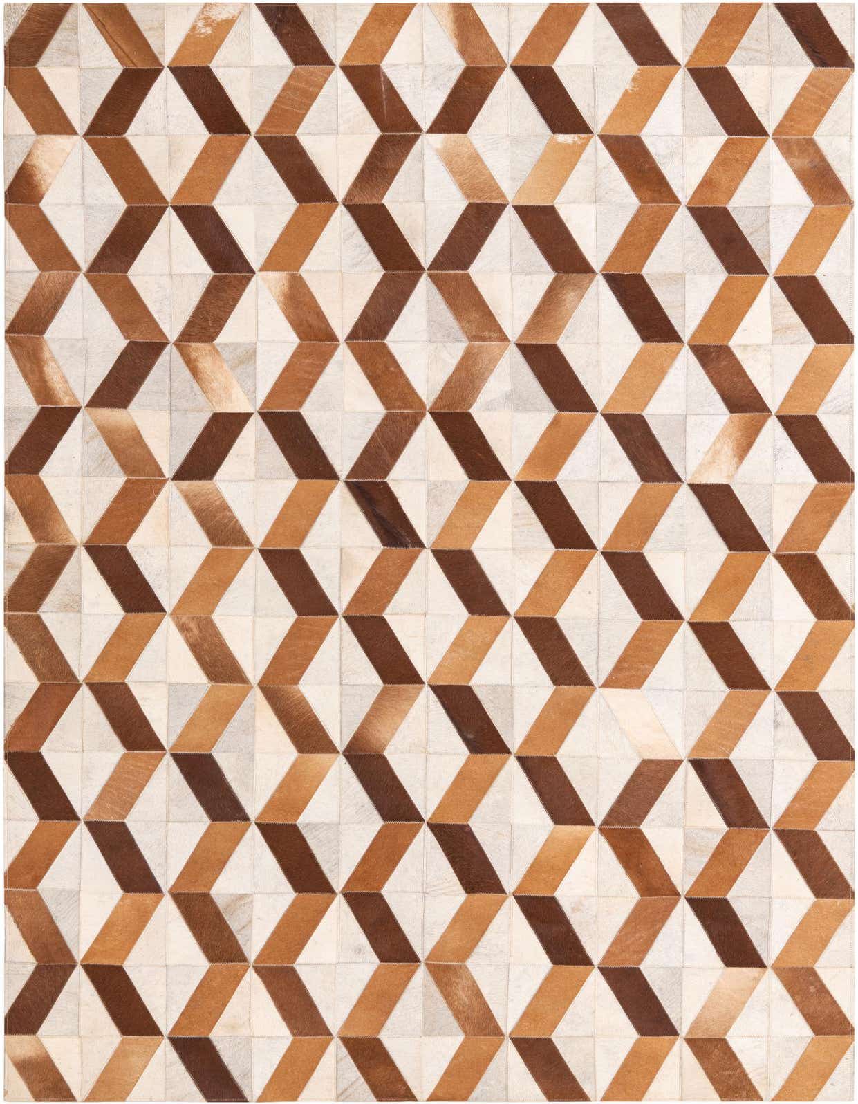 A 5x8 rectangular Cowhide rug featuring a modern geometric pattern in varying shades of brown, tan, and cream.