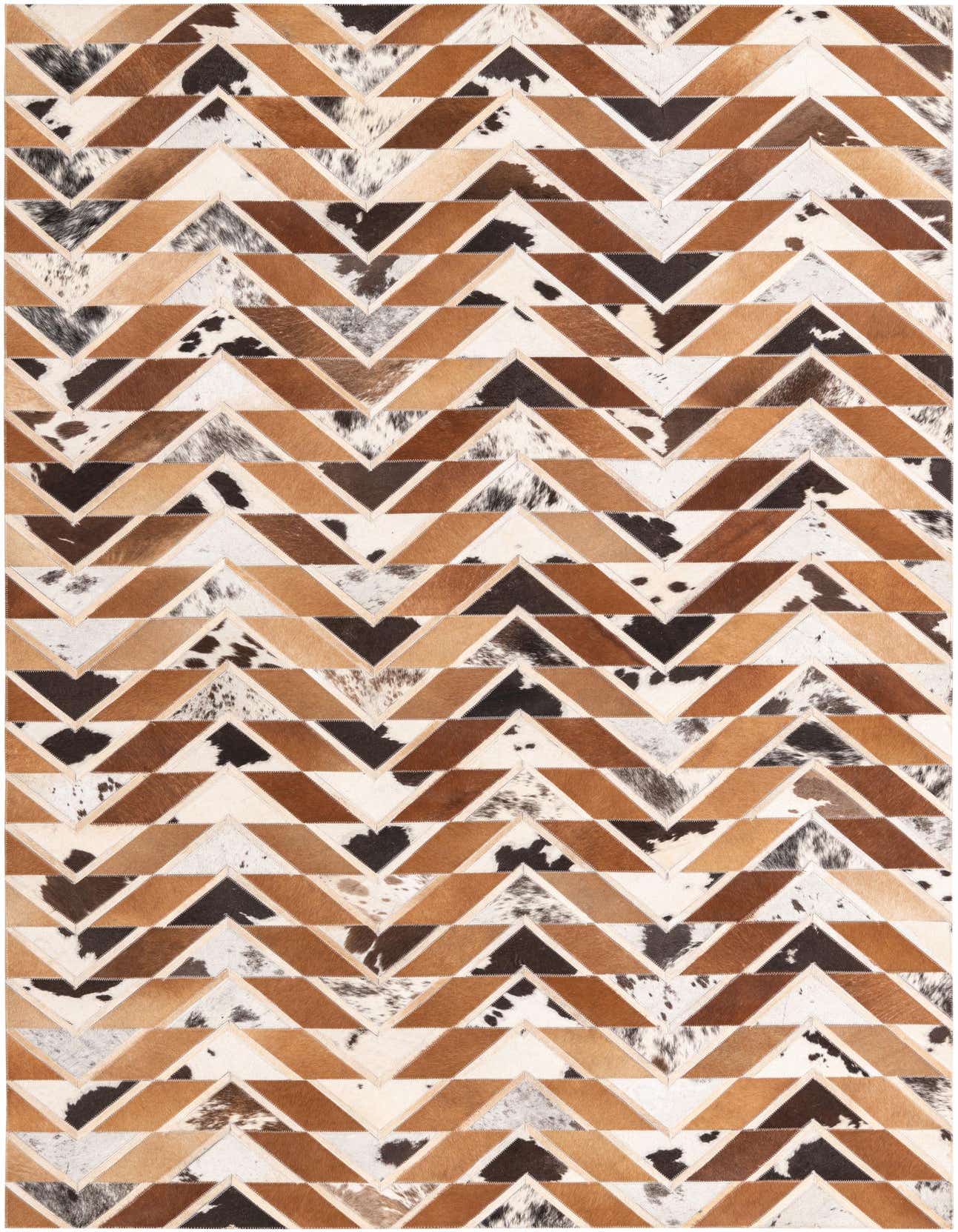 A rectangular 5x8 modern cowhide rug featuring a chevron pattern in various shades of brown, tan, and white with natural hide markings.