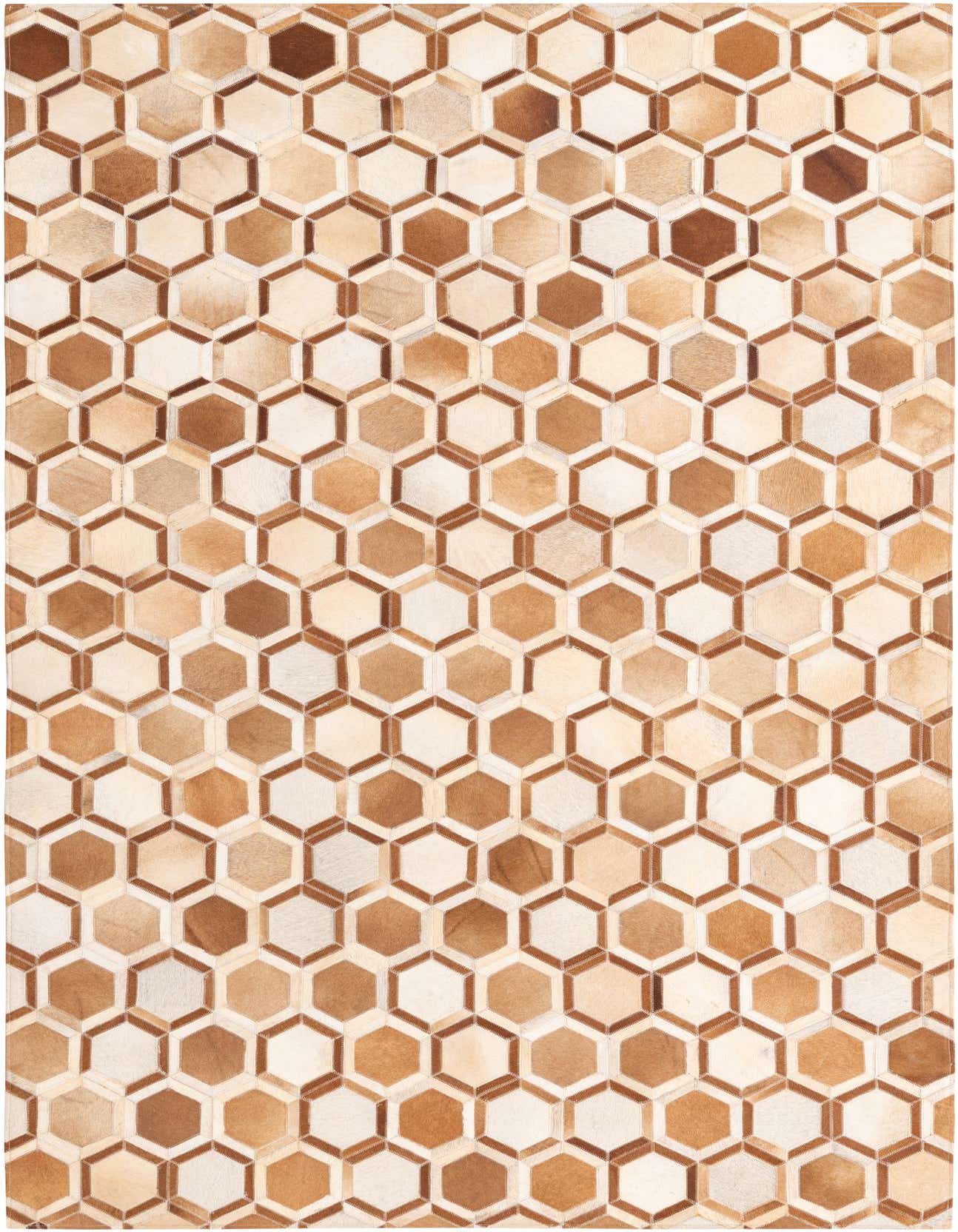 A 5x8 rectangular Cowhide rug featuring a modern honeycomb pattern in varying shades of brown and tan.