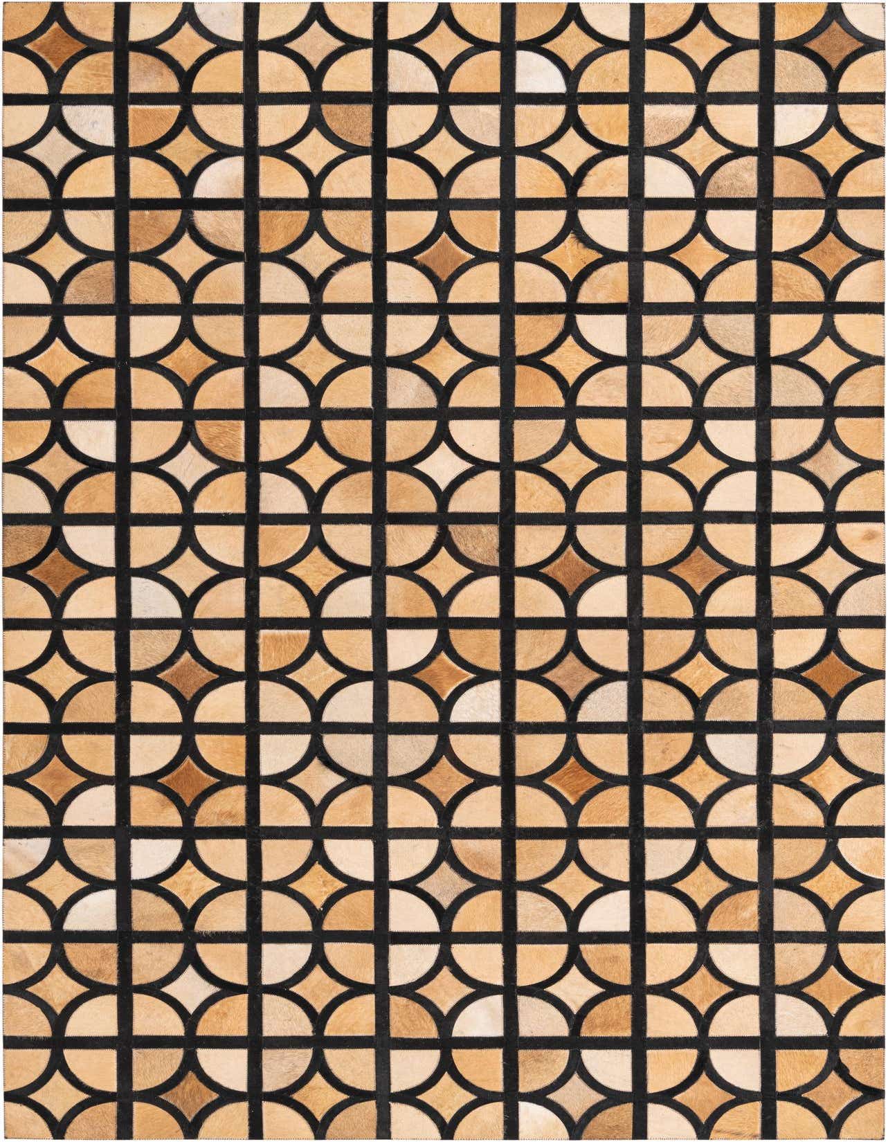 A 5x8 rectangular Cowhide rug featuring a modern geometric pattern of tan and brown semicircles and quadrants on a black grid.