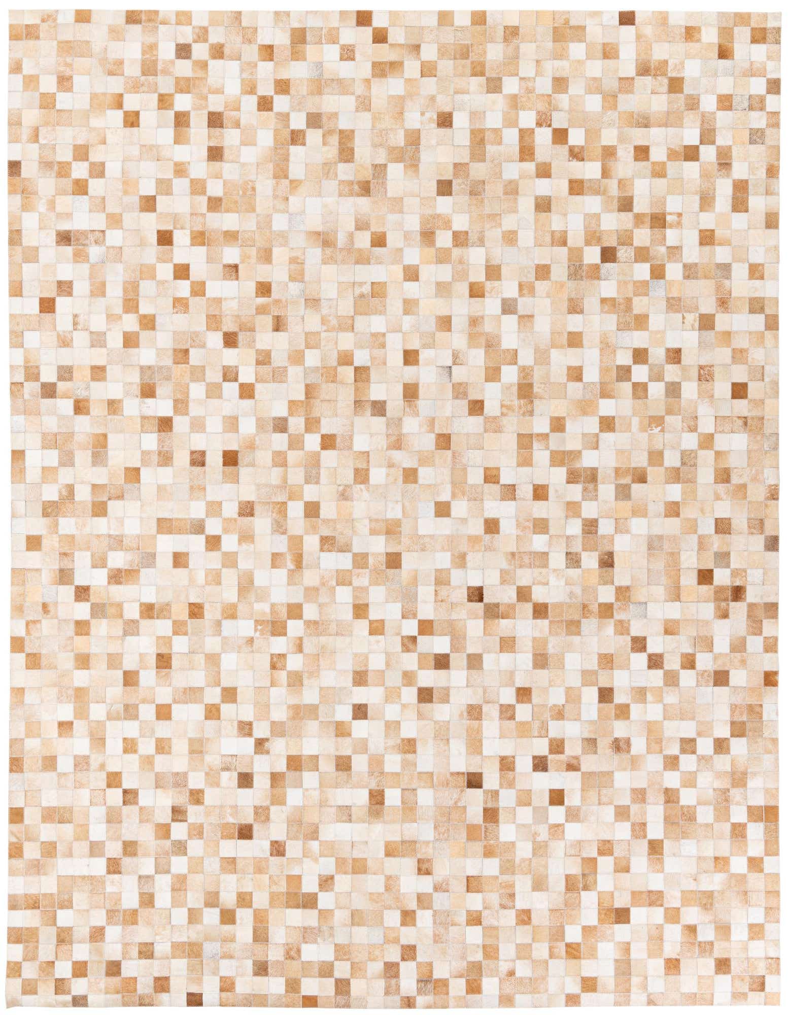 A rectangular 8x10 modern cowhide rug featuring a mosaic pattern of varying brown and tan squares.