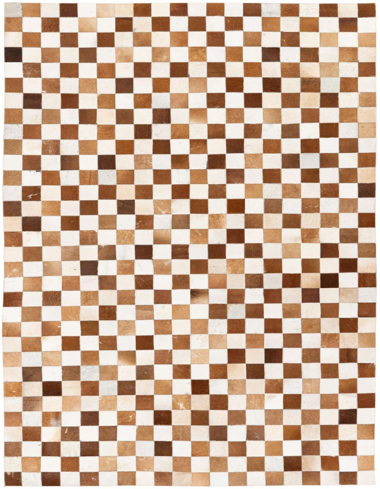 A 5x8 rectangular Cowhide Stocks rug from Rugs.com, featuring a modern checkerboard pattern of varying brown and tan cowhide patches.