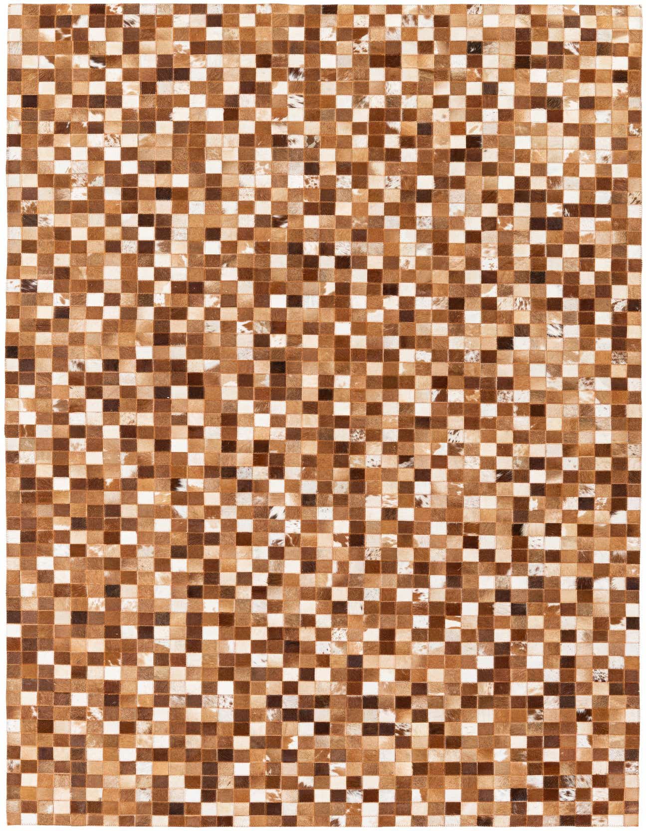 A 5x8 rectangular Cowhide Stocks rug featuring a modern patchwork of varied brown and tan cowhide squares.
