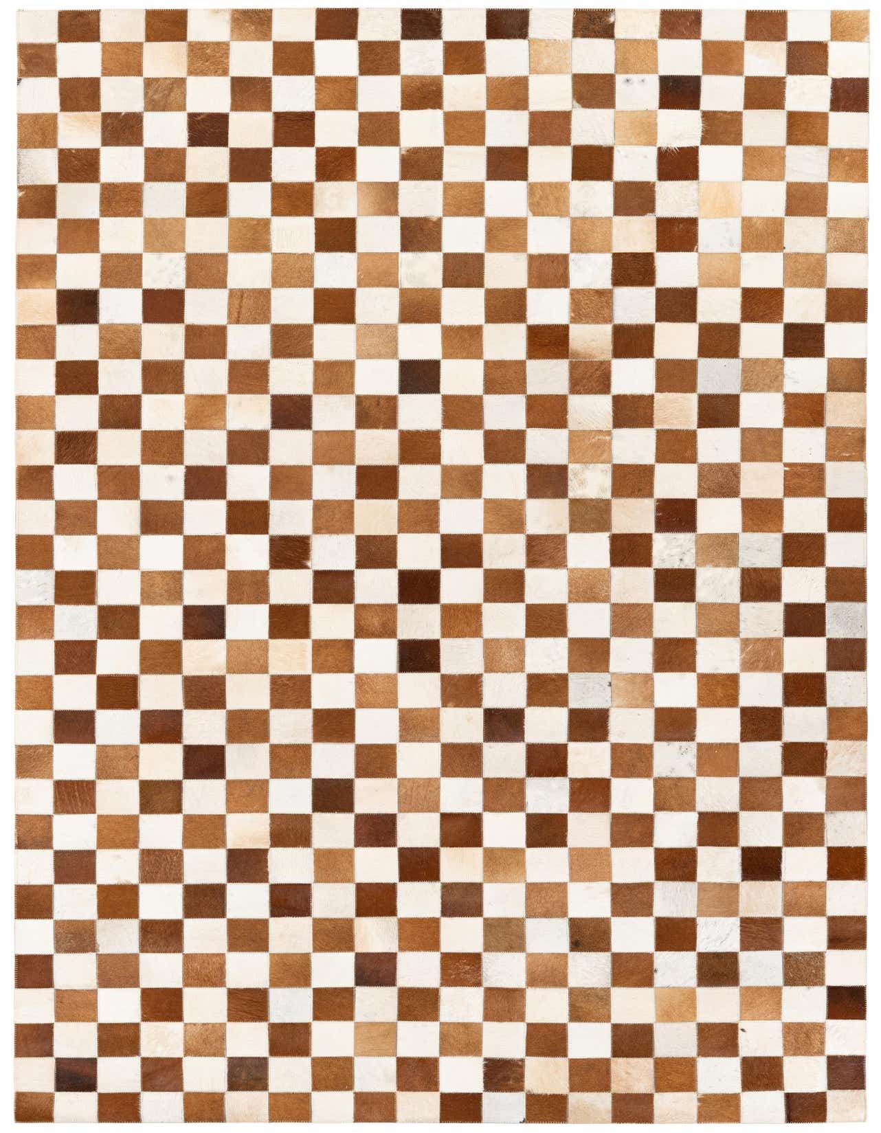 A 5x8 rectangular cowhide rug featuring a modern checkerboard pattern in varying shades of brown and tan.