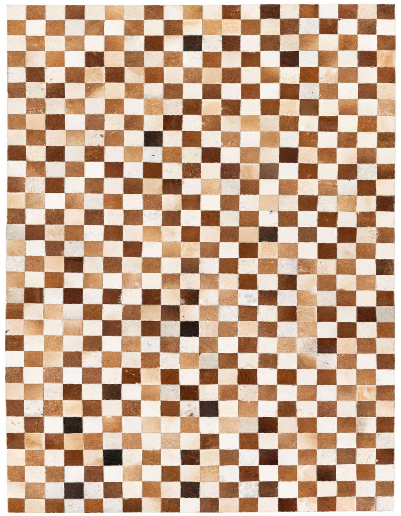 A 5x8 rectangular Cowhide Stocks rug from Rugs.com featuring a modern checkerboard pattern in various shades of brown and tan.