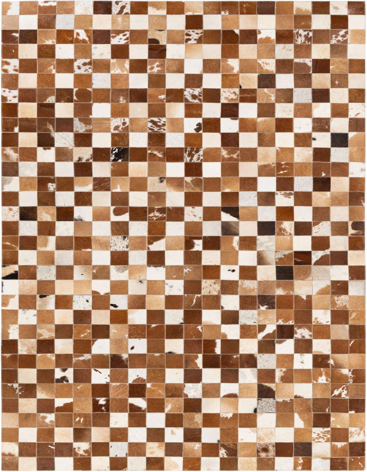 A 5x8 rectangular Cowhide Stocks rug featuring a modern checkerboard pattern in various shades of brown and tan, handmade from cowhide and leather.