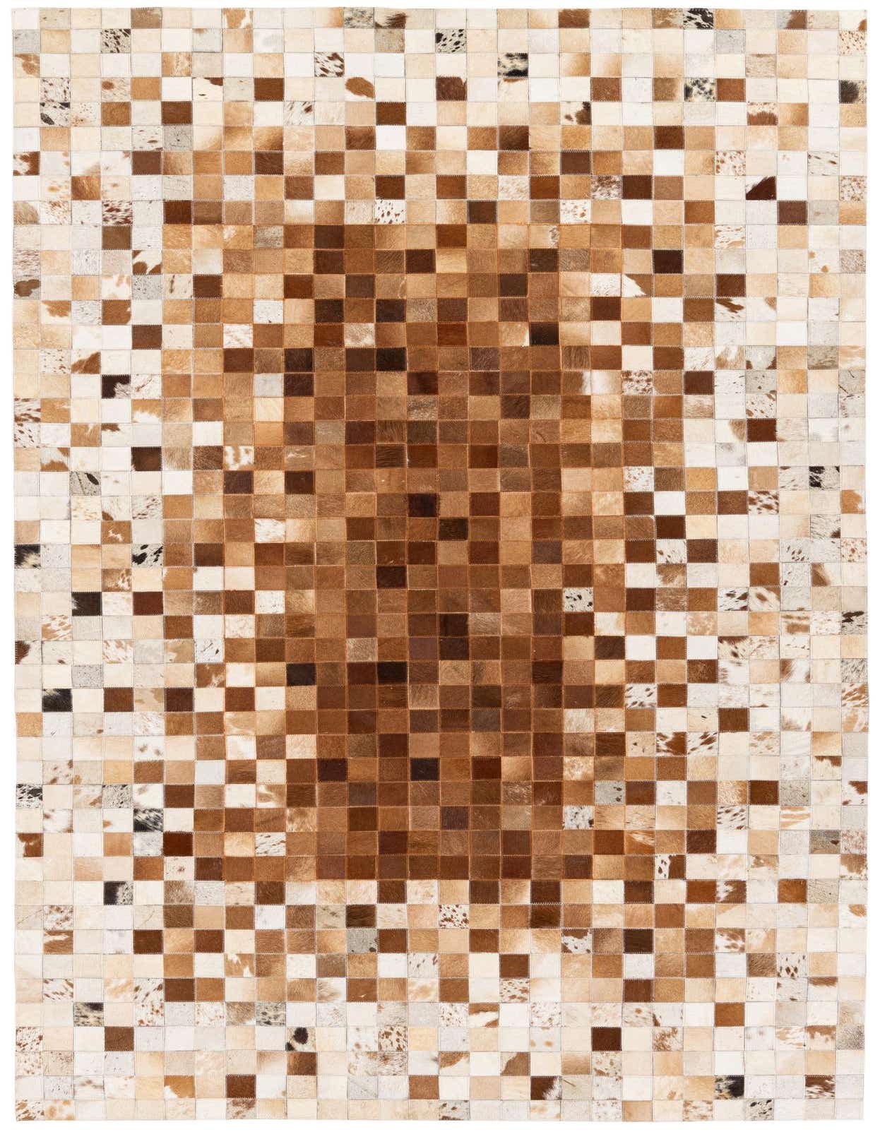 A 5x8 rectangular Cowhide Stocks rug featuring a modern patchwork of brown and tan cowhide squares, handmade for indoor use.