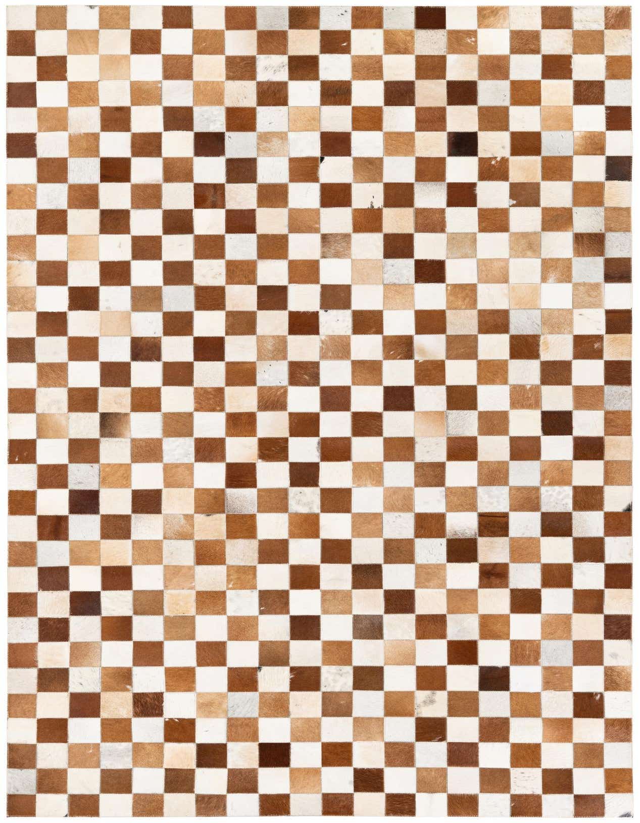 A rectangular 5x8 modern cowhide rug featuring a checkerboard pattern of varying brown and tan squares.