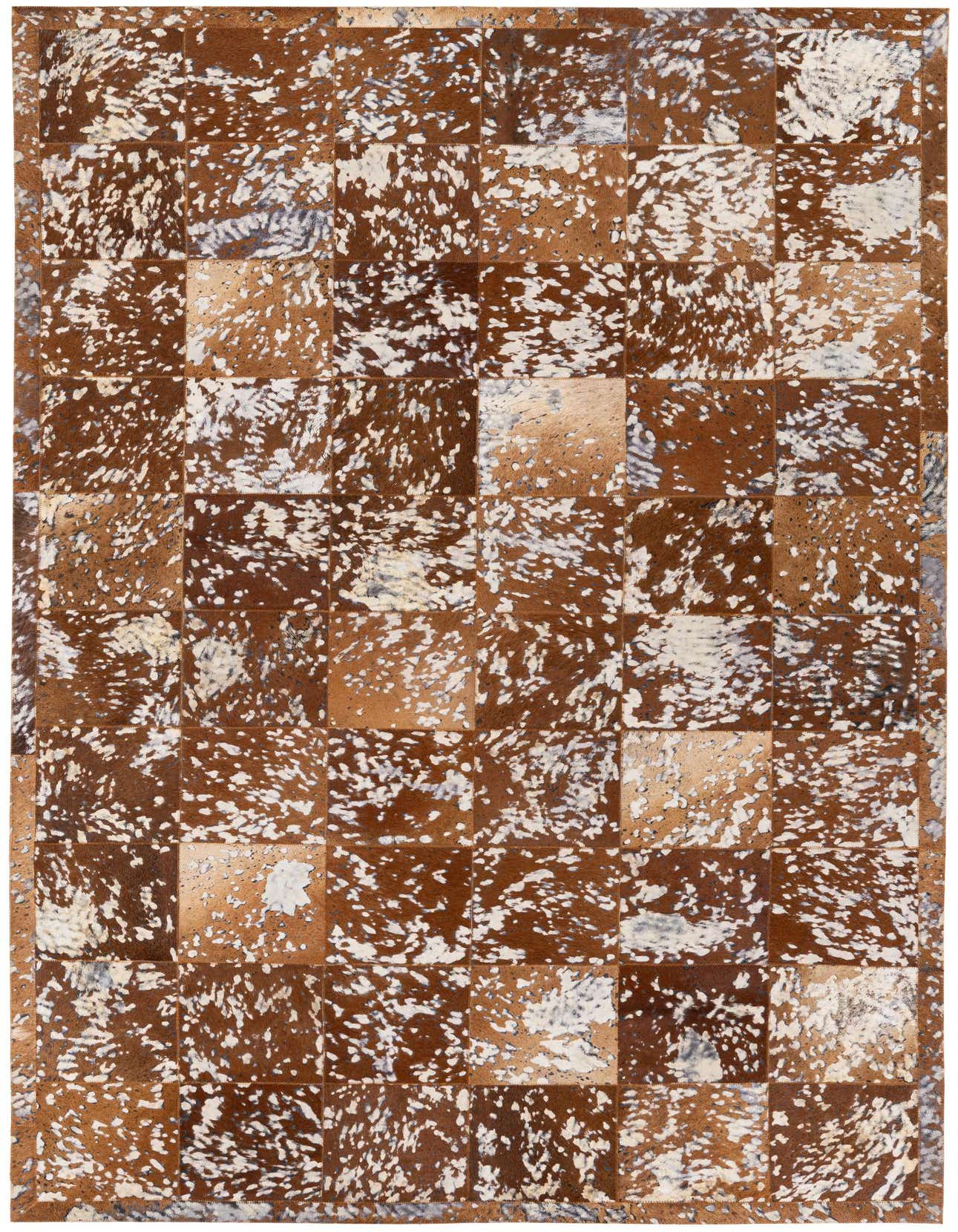 A 5x8 rectangular Cowhide Stocks rug by Rugs.com, featuring a modern patchwork of brown and tan cowhide squares with natural white speckles.