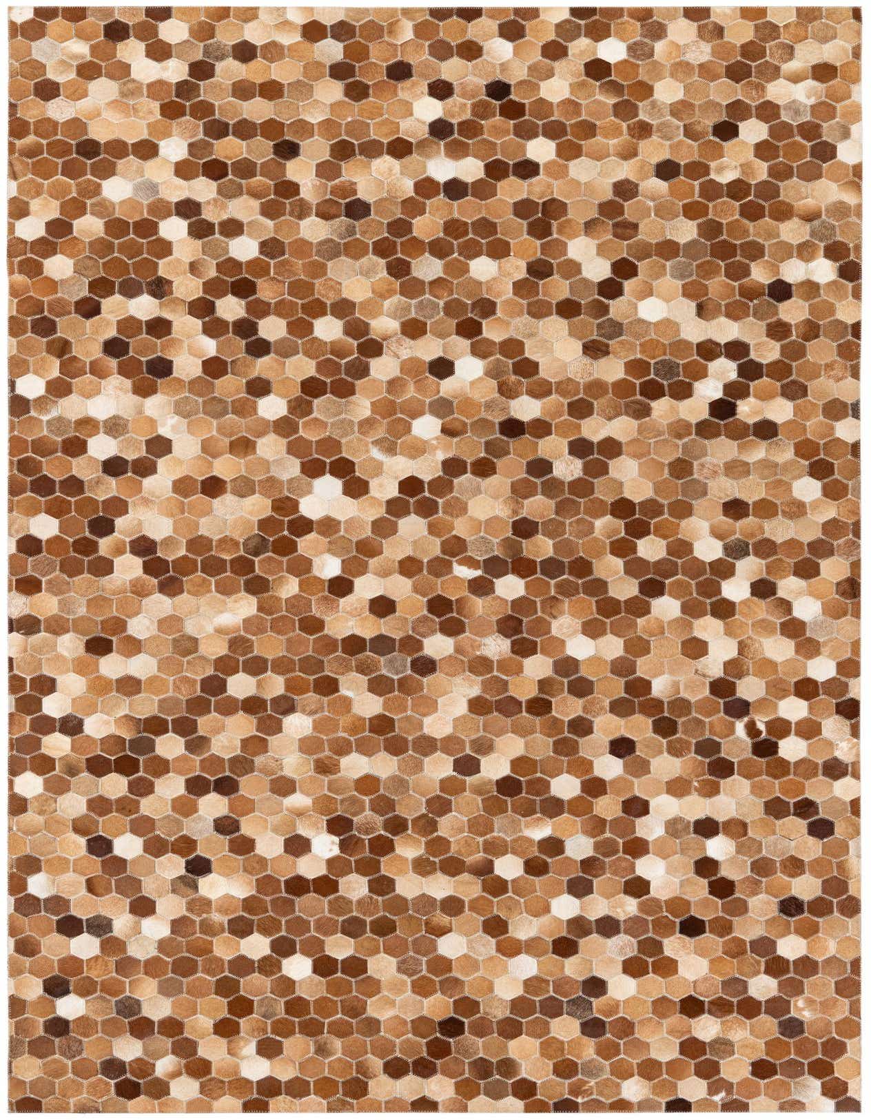 A rectangular 5x8 modern cowhide rug featuring a mosaic of brown and tan hexagonal patches.