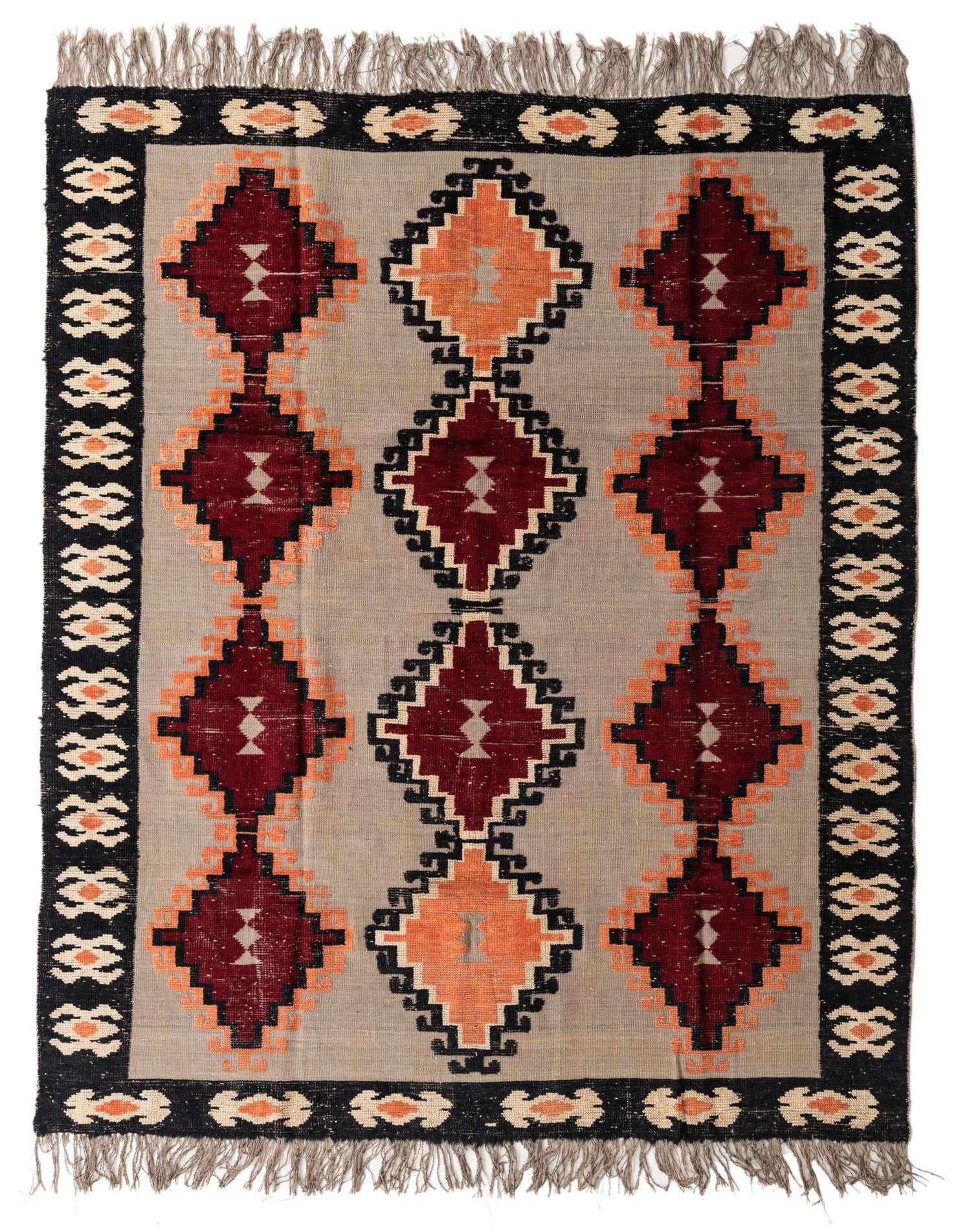 A rectangular 8x10 Darya rug with a modern geometric pattern in brown, tan, black, and orange, featuring diamond motifs and fringe.