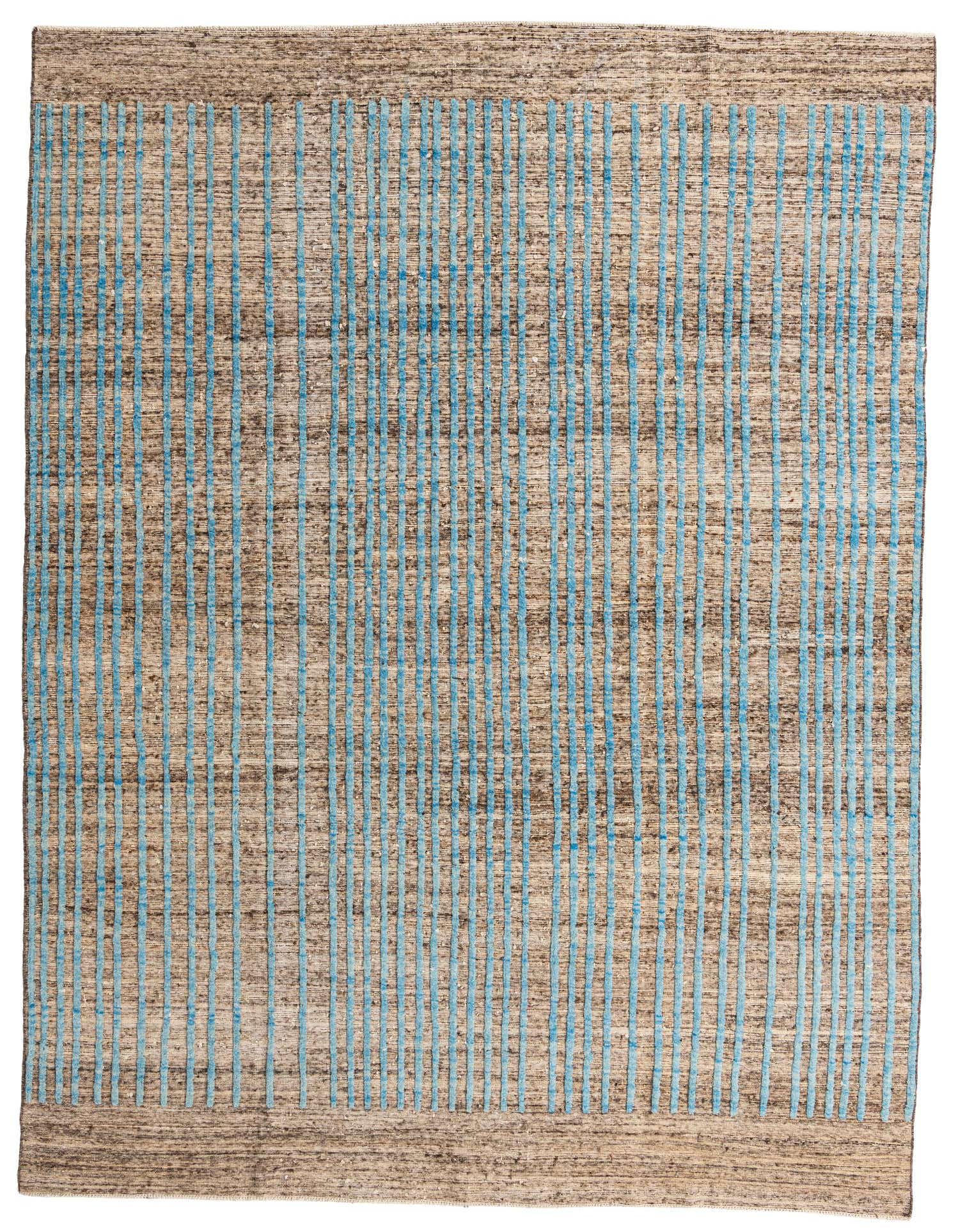 A 9x12 rectangular Darya rug with a textured brown and tan base featuring vertical blue abstract stripes.