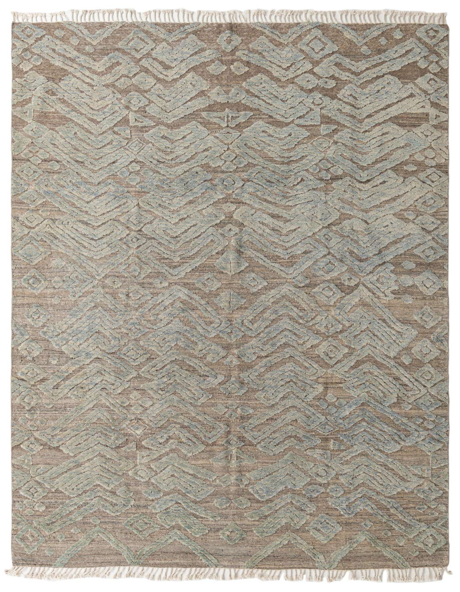 A rectangular 8x10 Darya Collection wool rug in brown and tan with a high pile modern abstract pattern.