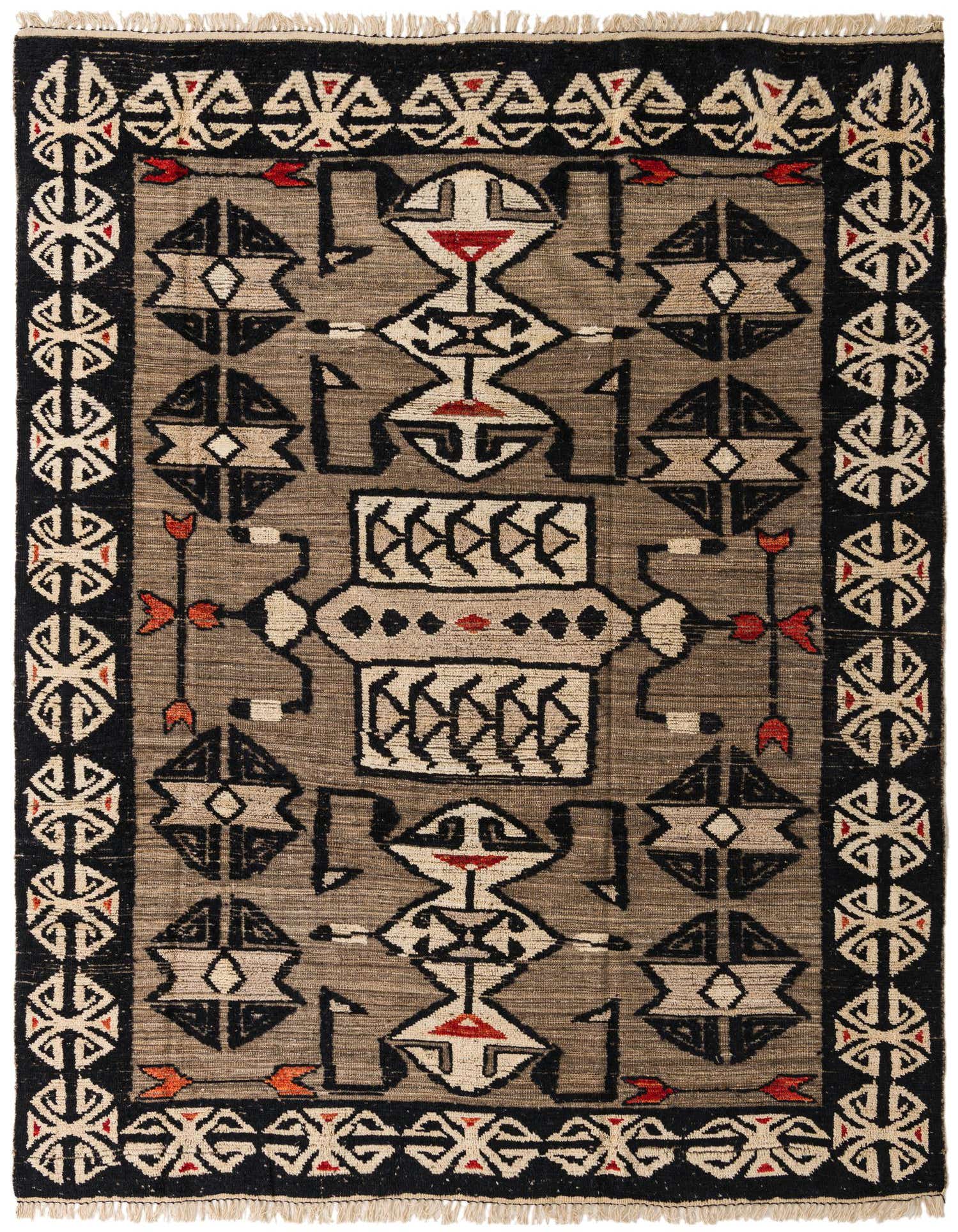 A rectangular 8x10 Darya rug with a modern pattern in browns, tans, black, and red, featuring geometric shapes and tribal motifs.