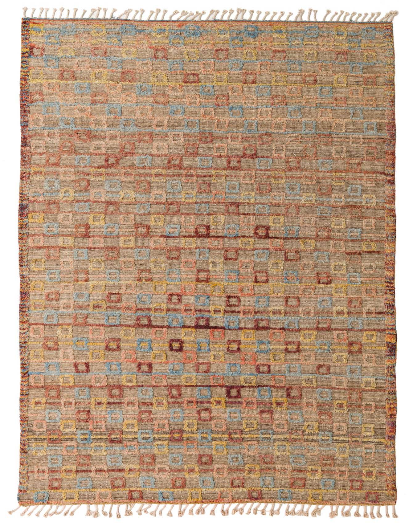 A 6x9 rectangular Darya rug in brown and tan with a modern abstract pattern of colorful squares and fringe.