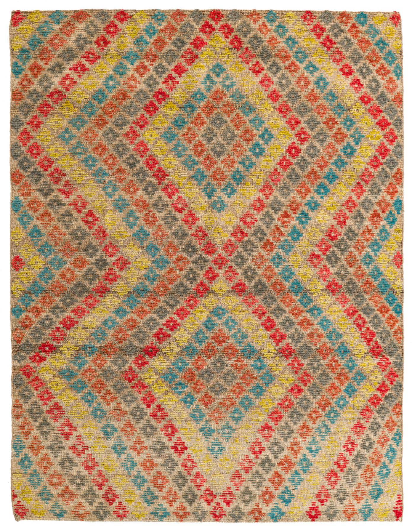 A 5x8 rectangular Darya rug with a modern abstract pattern in brown, tan, red, yellow, and blue diamond shapes.