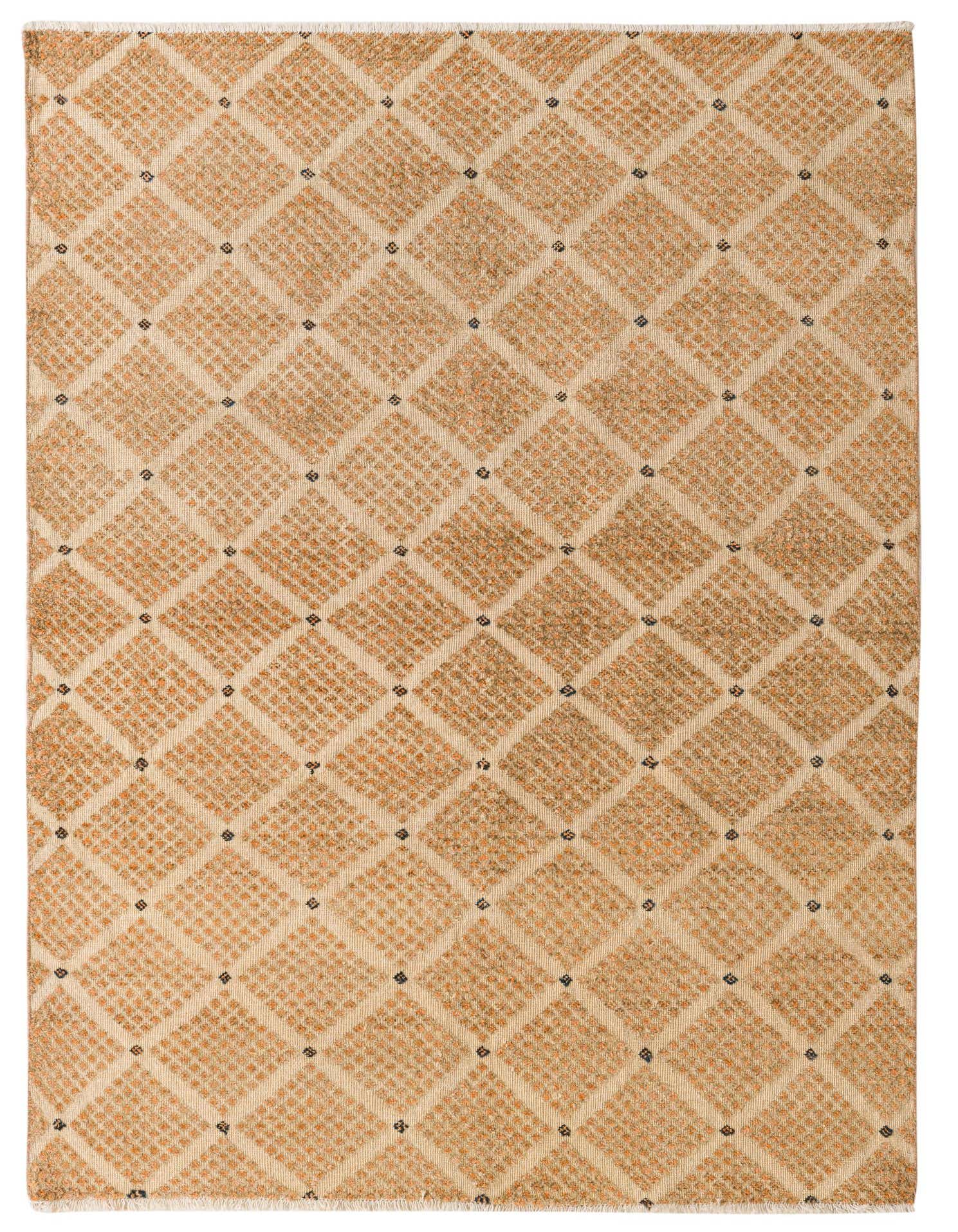 A 5x8 rectangular Darya rug with a modern abstract diamond pattern in varying shades of brown and tan wool.