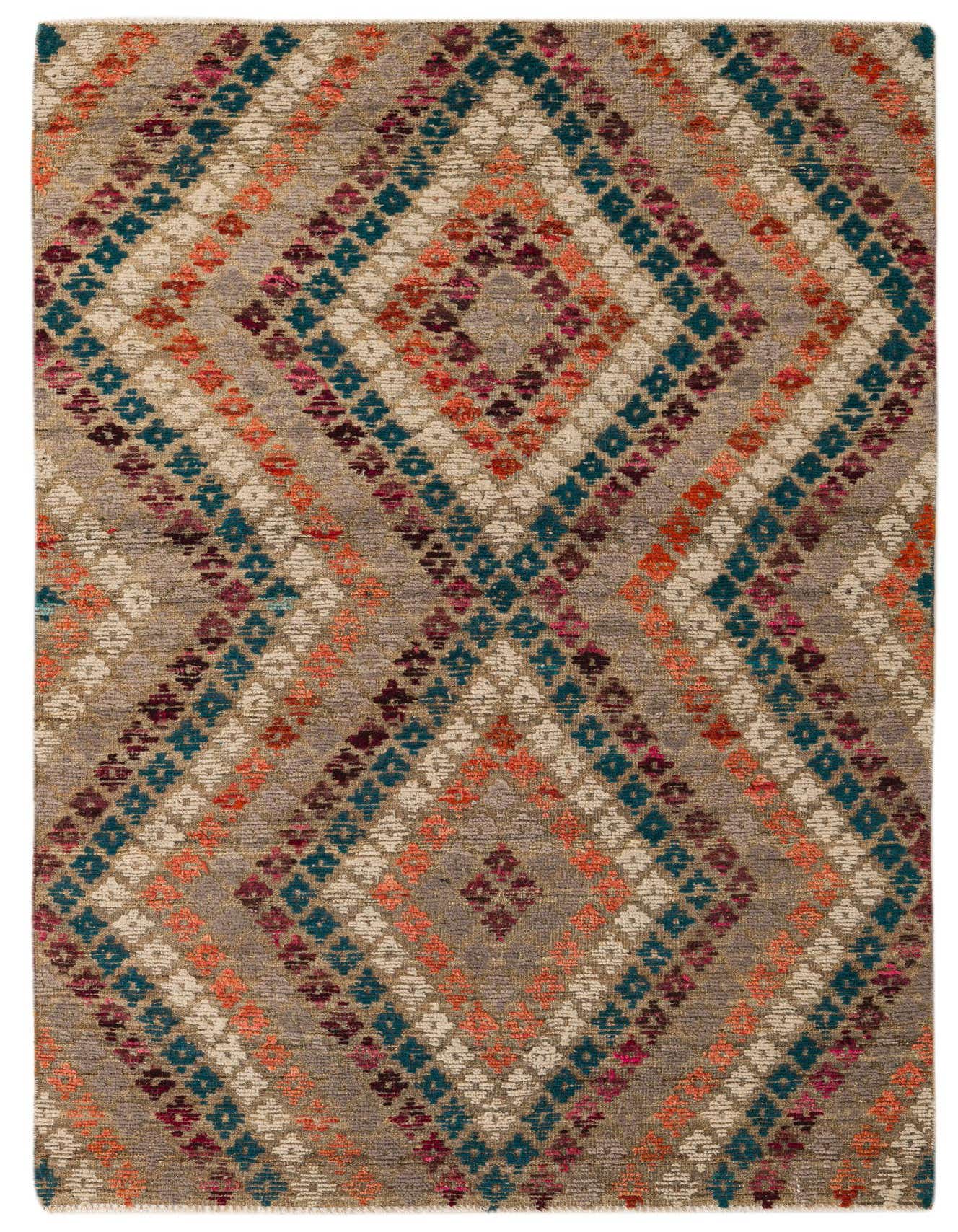 A rectangular 6x9 Darya wool rug with a modern abstract diamond pattern in browns, tans, oranges, and teals.