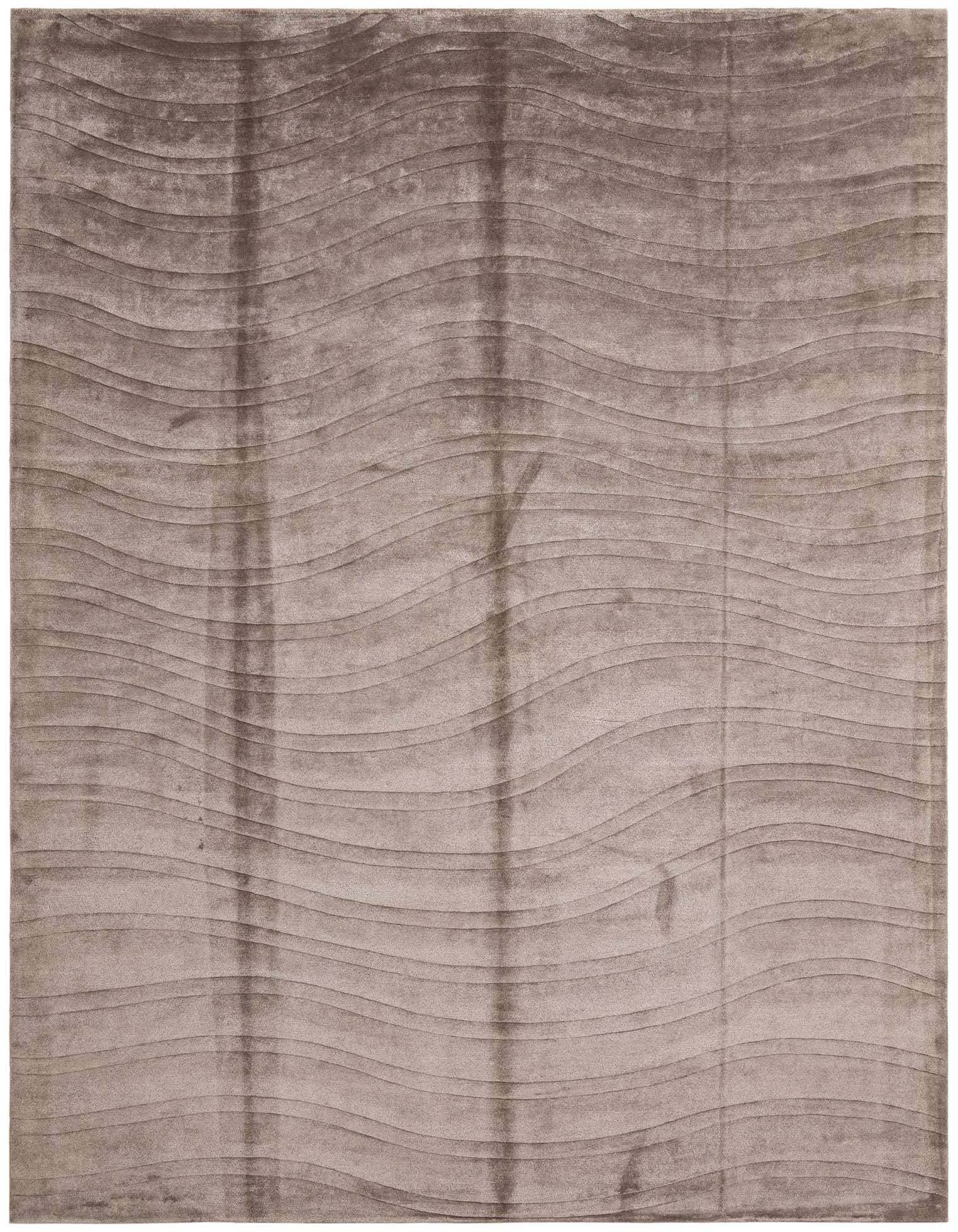 A 10x13 rectangular brown wool rug with a modern wavy, textured pattern, ideal for a living room.