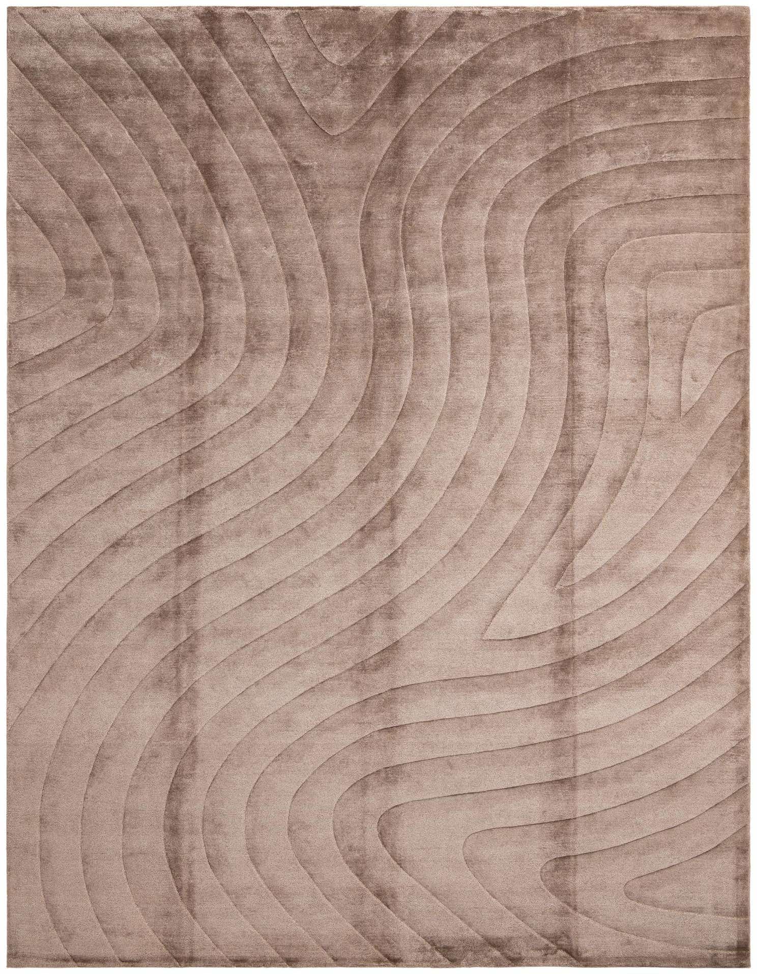 A 10x13 rectangular brown wool rug with a modern, high-pile wavy pattern, perfect for a living room.
