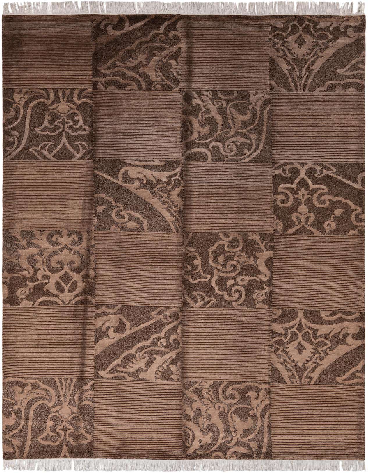A 7x10 rectangular Darya rug in varying shades of brown and tan, featuring a modern oriental patchwork design with alternating striped and ornate patterned squares, and white fringe.