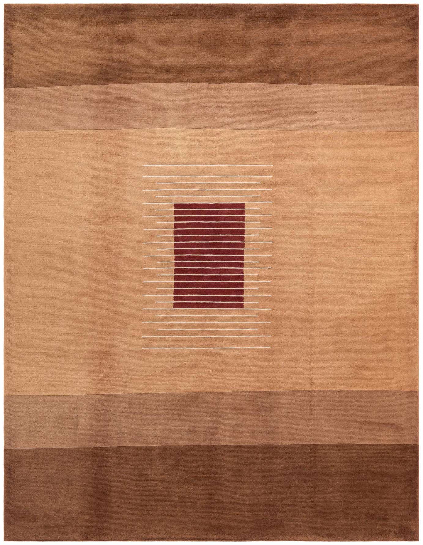 A 7x10 rectangular brown and tan modern area rug with horizontal stripes and a central maroon rectangle surrounded by white lines.