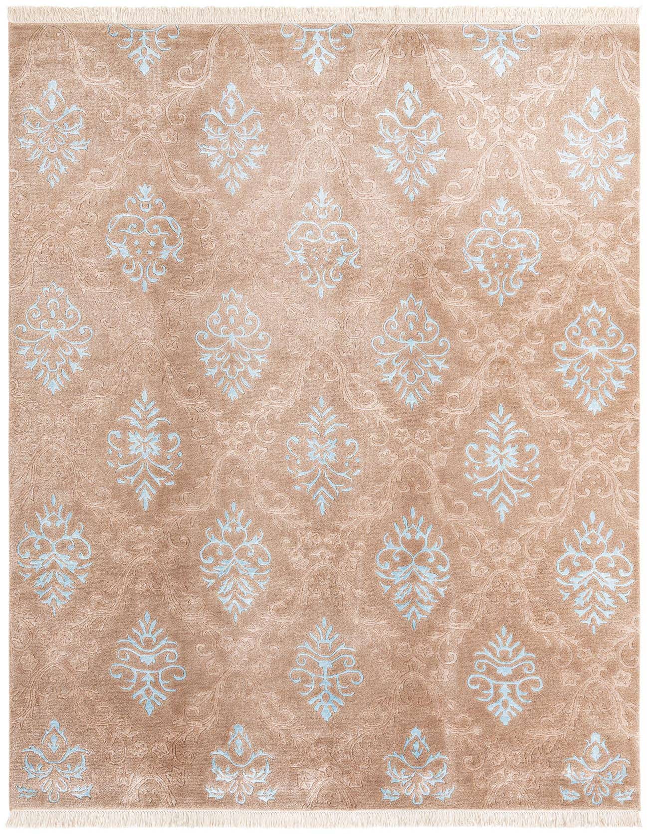 A 7x10 rectangular Darya rug in brown and tan with light blue modern oriental patterns and fringe.