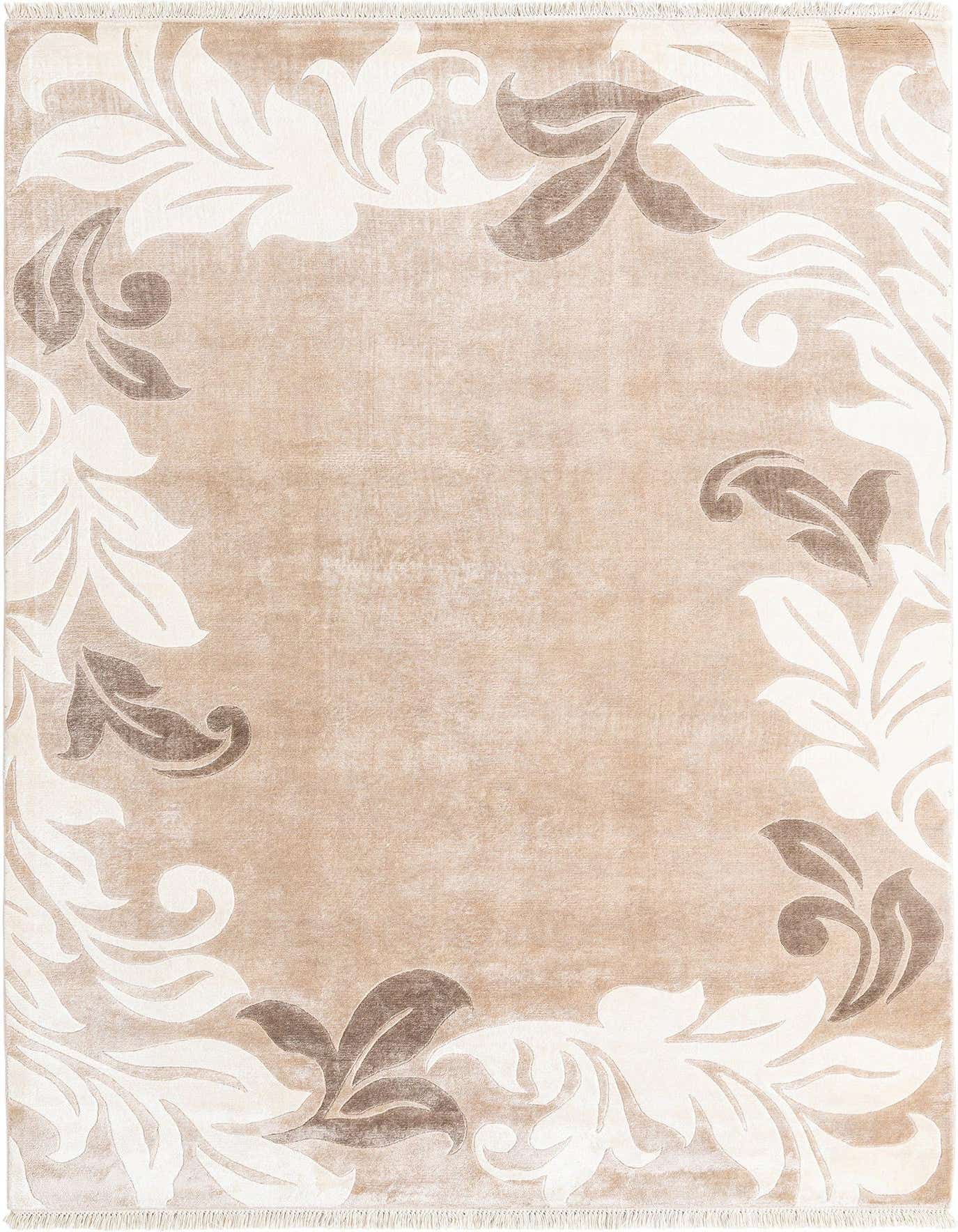 A rectangular 5x8 Darya rug in shades of brown and tan, featuring a modern Persian-inspired leaf border pattern, ideal for a living room.