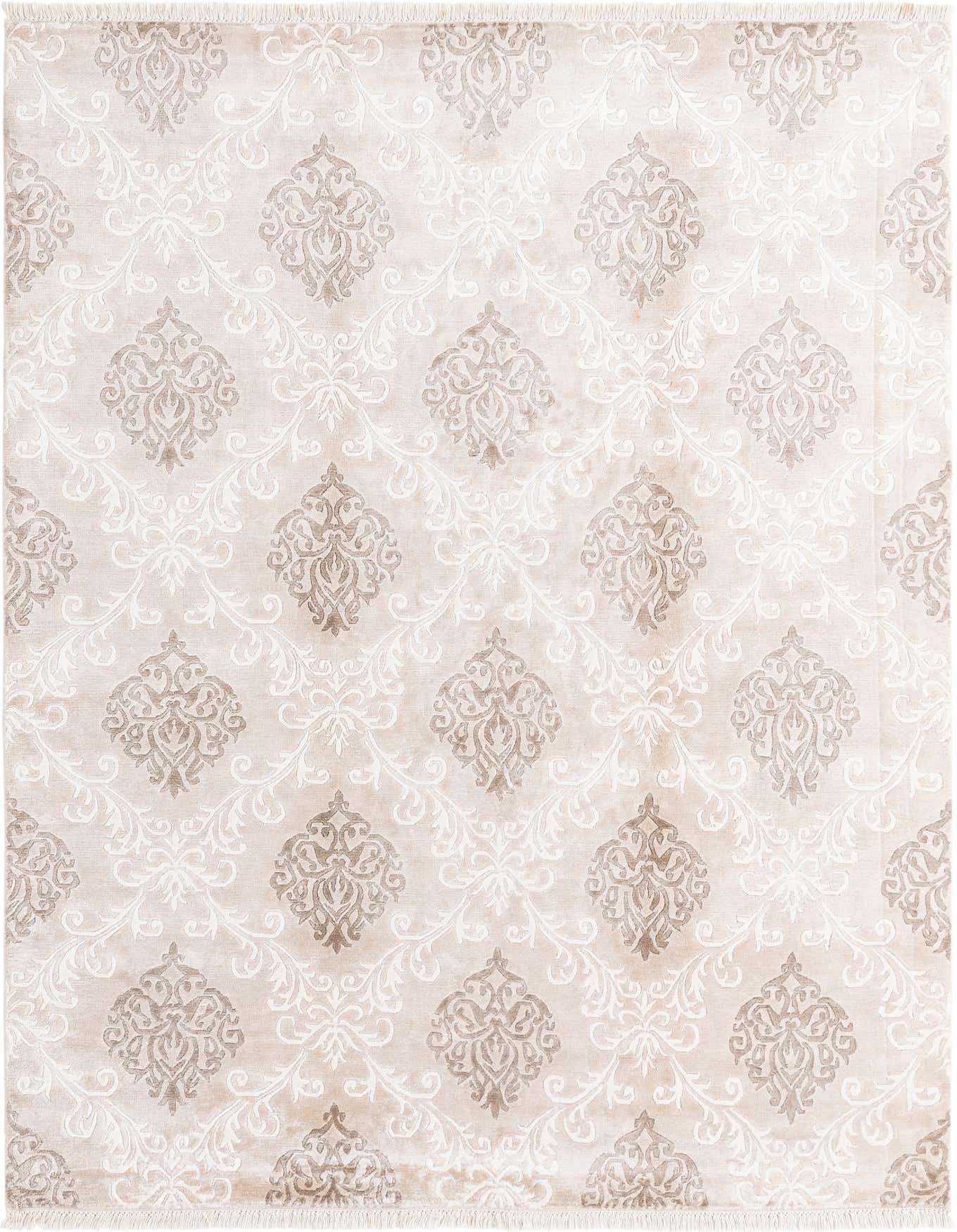 A 5x8 rectangular brown and tan modern wool rug featuring a repeating damask pattern with a high pile.