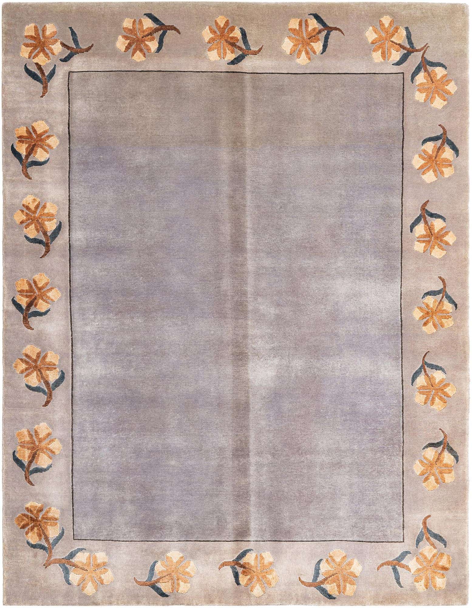 A 4x6 rectangular brown modern rug with a solid center and a border of tan and blue floral motifs.