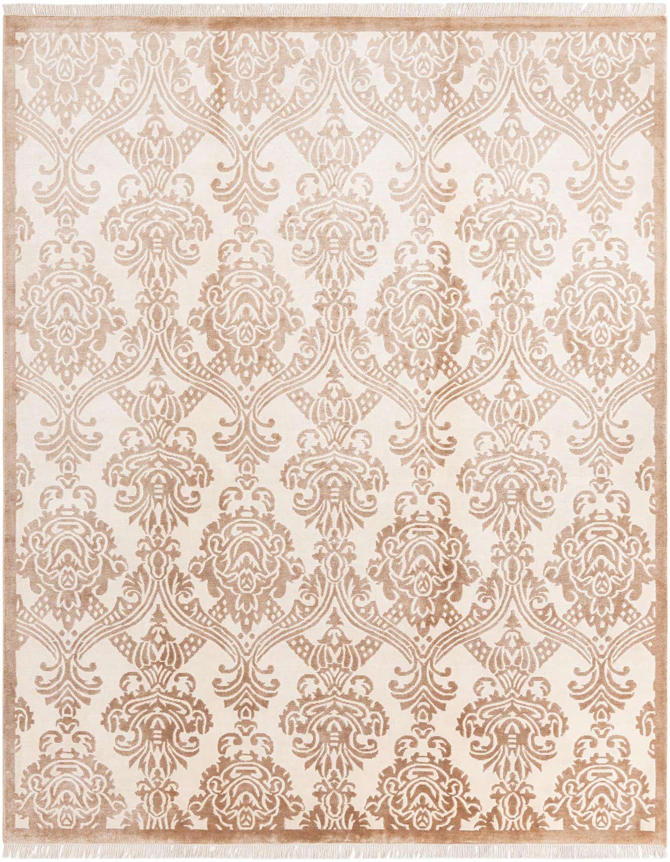 A 7x10 rectangular Darya rug with a modern damask pattern in shades of brown and tan, featuring a high pile.