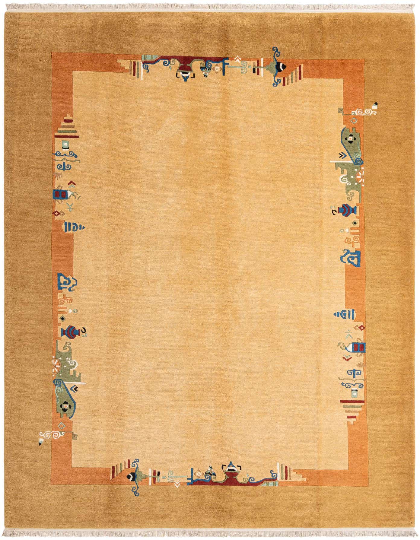 An 8x11 rectangular Darya rug with a tan field and a brown border featuring colorful modern oriental patterns.