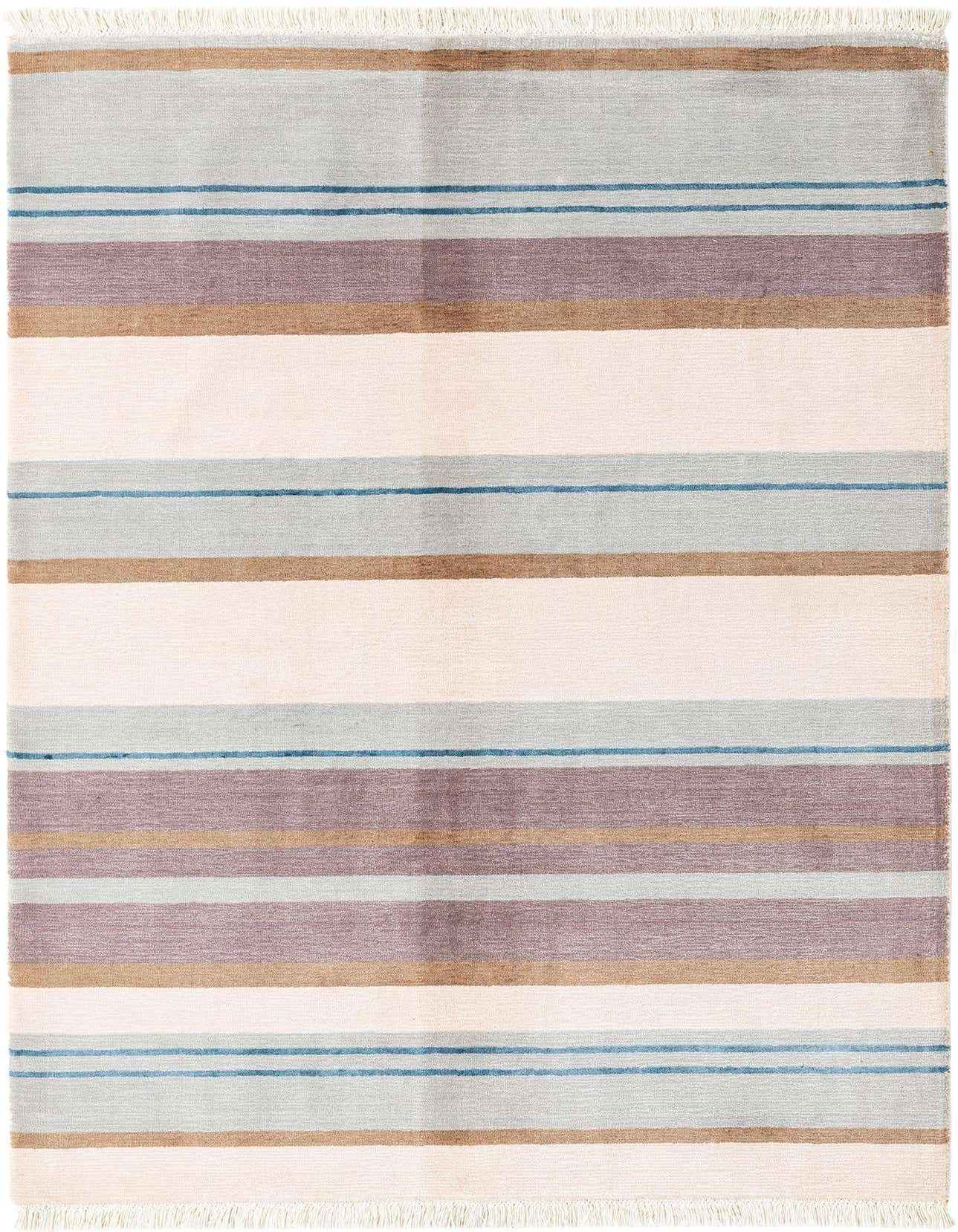 A 3x5 rectangular Darya rug featuring modern horizontal stripes in varying shades of brown, tan, light blue, and muted purple, with fringe.