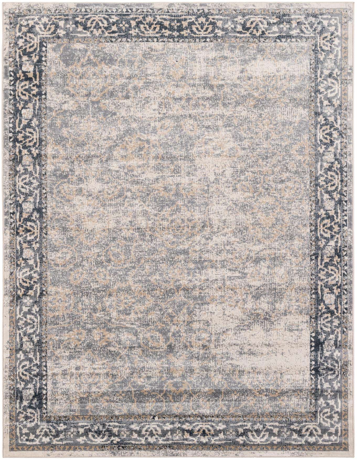 A 5x8 rectangular Eliza collection rug featuring a distressed vintage Oriental pattern in shades of brown, tan, and gray.