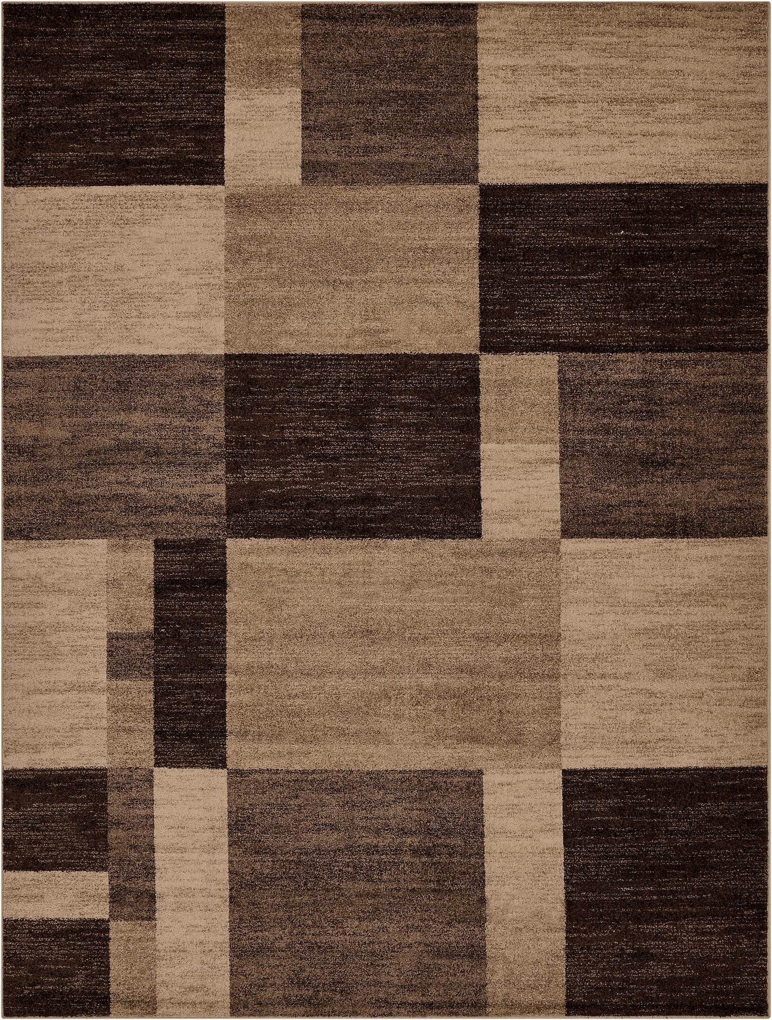 A 9x12 rectangular area rug featuring a modern geometric block pattern in varying shades of brown and tan.