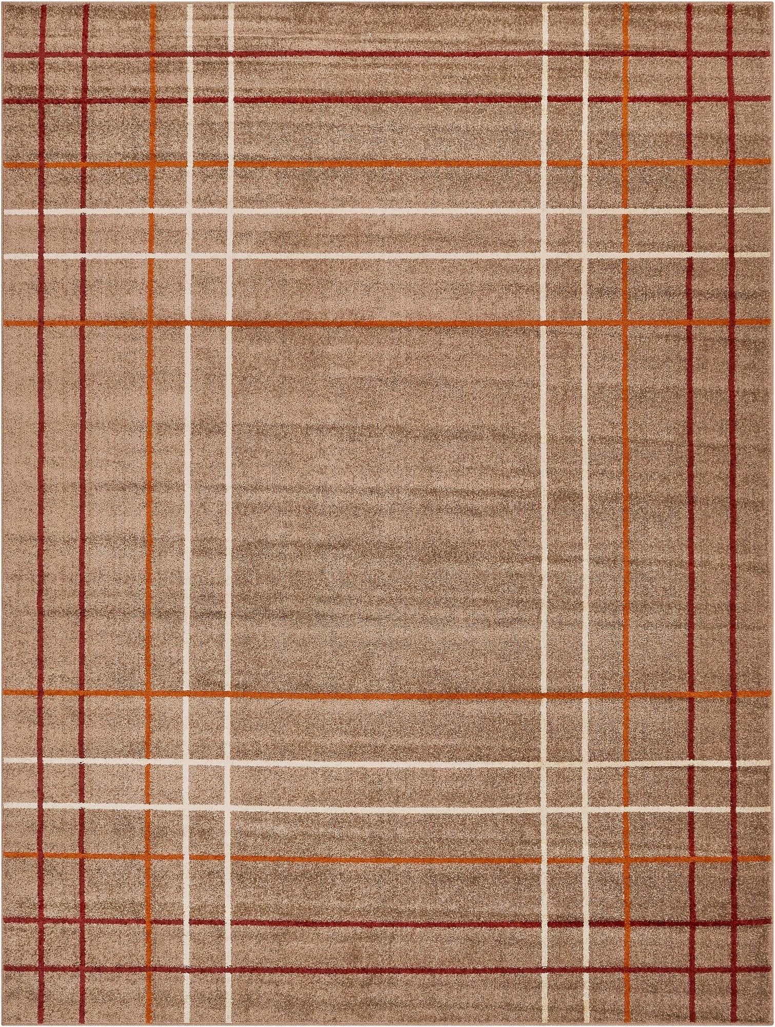 A 9x12 rectangular brown area rug with a modern plaid pattern of thin red, orange, and white stripes.