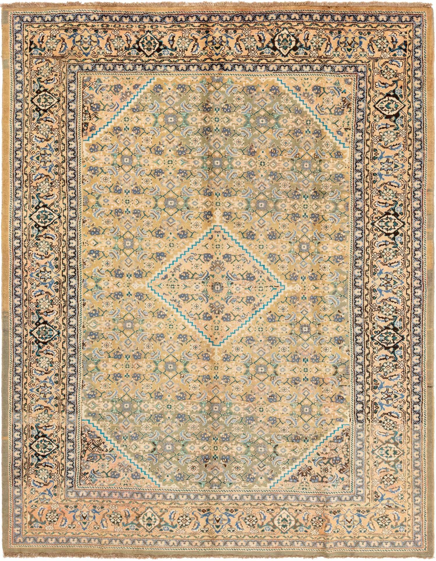 A 10x13 rectangular Farahan rug featuring a tribal medallion pattern in browns, tans, and blues, suitable for a living room.