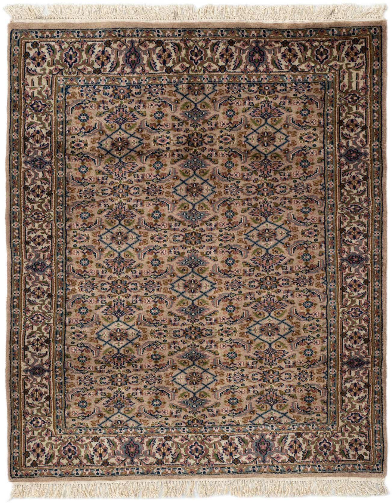 A 4x6 rectangular Farahan rug featuring a traditional Oriental floral pattern in shades of brown, tan, blue, and pink, with fringe.