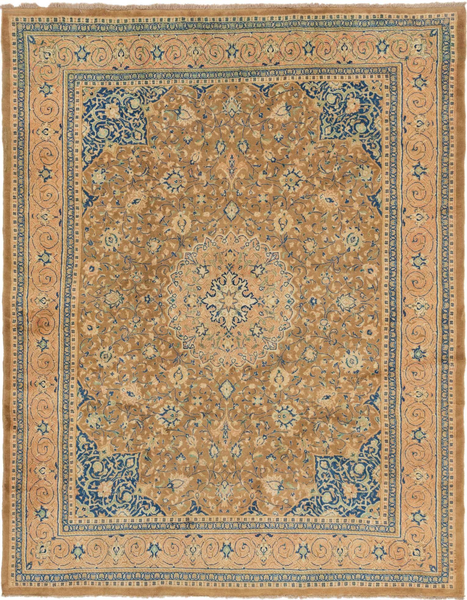 A 10x13 rectangular Farahan rug in warm browns and tans with a central medallion and intricate Persian floral patterns in blue and cream.