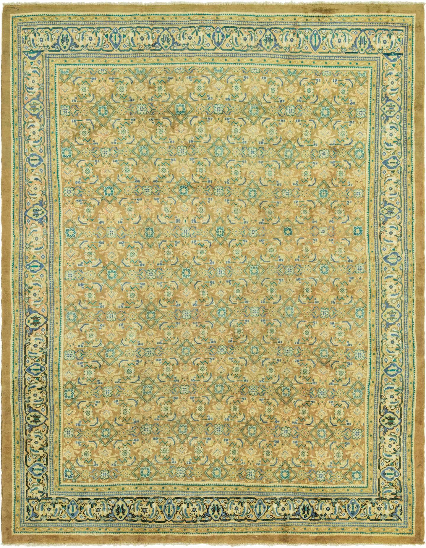 A 10x13 rectangular Farahan rug featuring a traditional Persian pattern in shades of brown, tan, and blue.