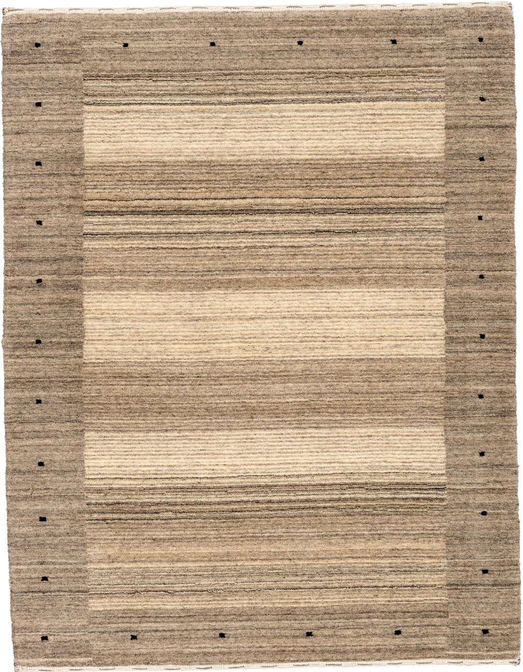 A rectangular 3x5 Gabbeh wool rug featuring a modern striped pattern in varying shades of brown and tan, with a darker brown border.