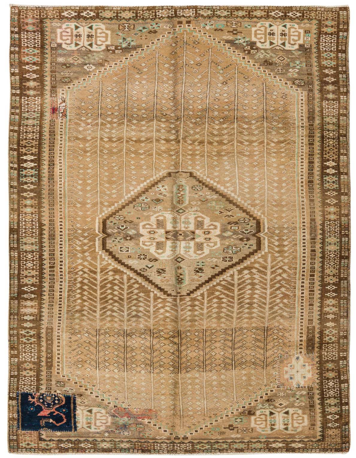 A 5x8 rectangular Hamedan rug featuring a central medallion and tribal patterns in various shades of brown and tan.