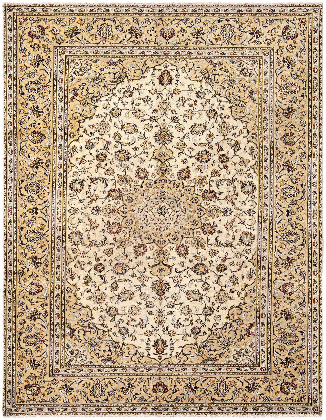 A 6x9 rectangular Kashan Persian rug in browns and tans, featuring intricate floral motifs and a central medallion.