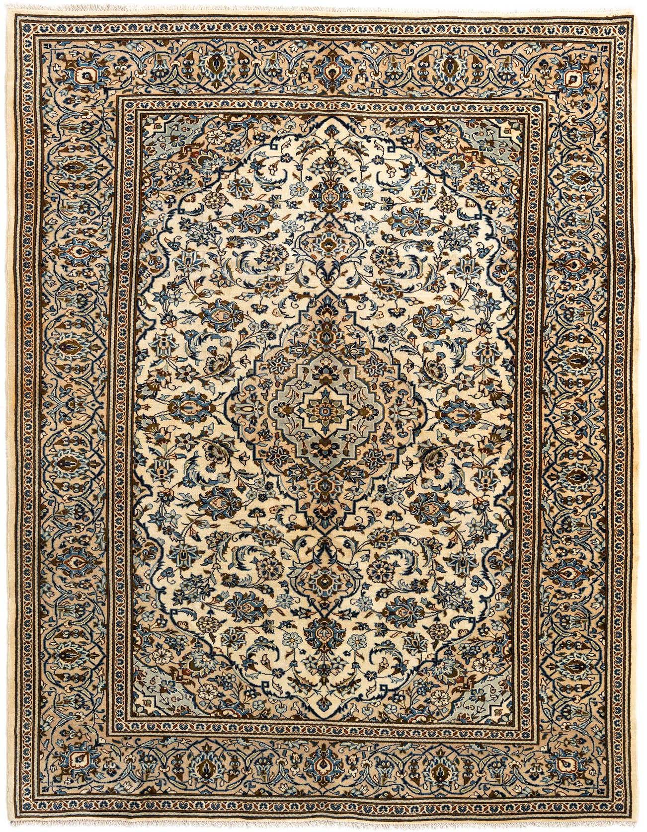 A 6x9 rectangular Kashan Persian wool rug featuring an intricate medallion and floral pattern in shades of brown, tan, and blue on a cream background.