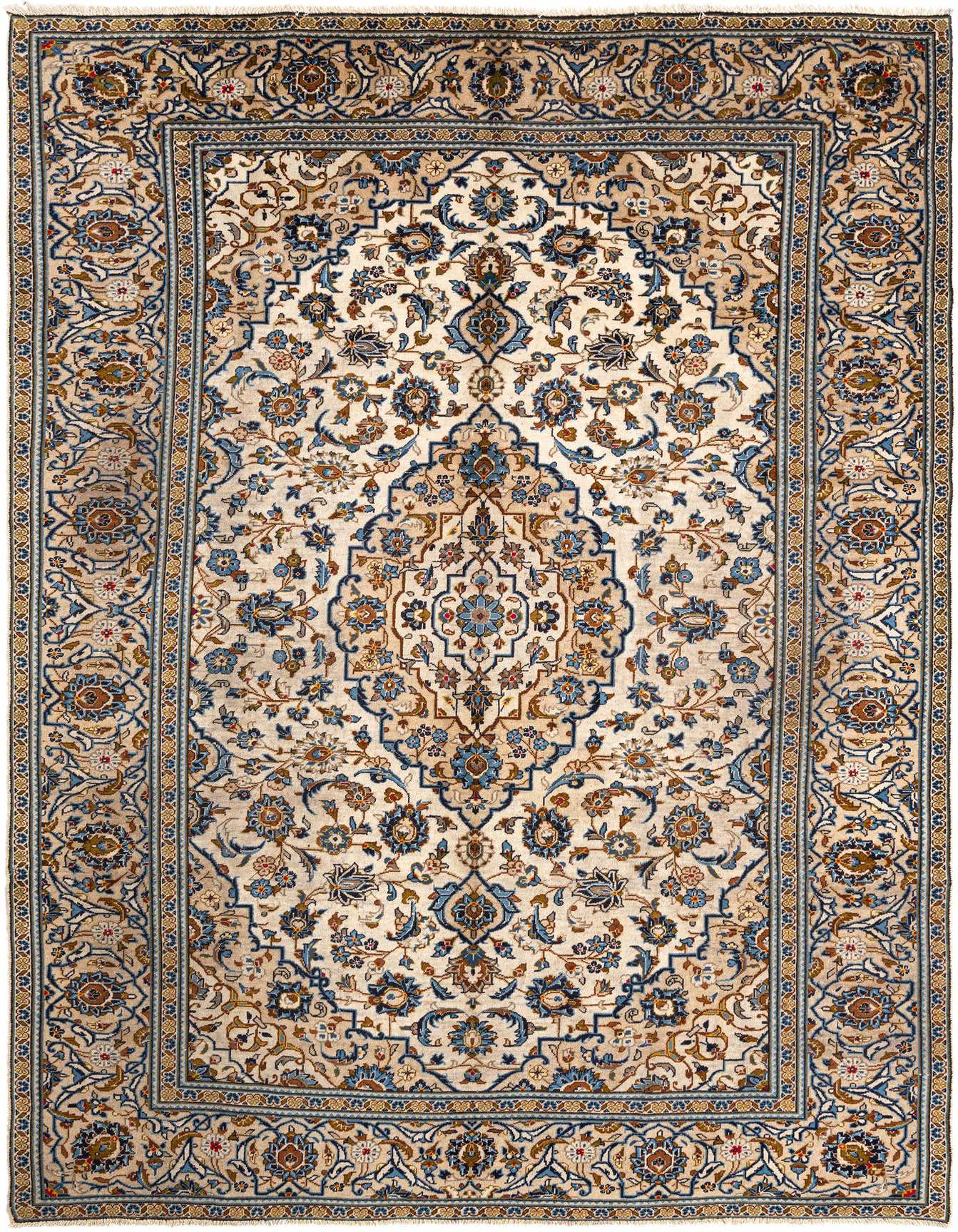 An 8x11 rectangular Kashan Persian rug with a cream field, intricate blue and brown floral patterns, and a detailed border.