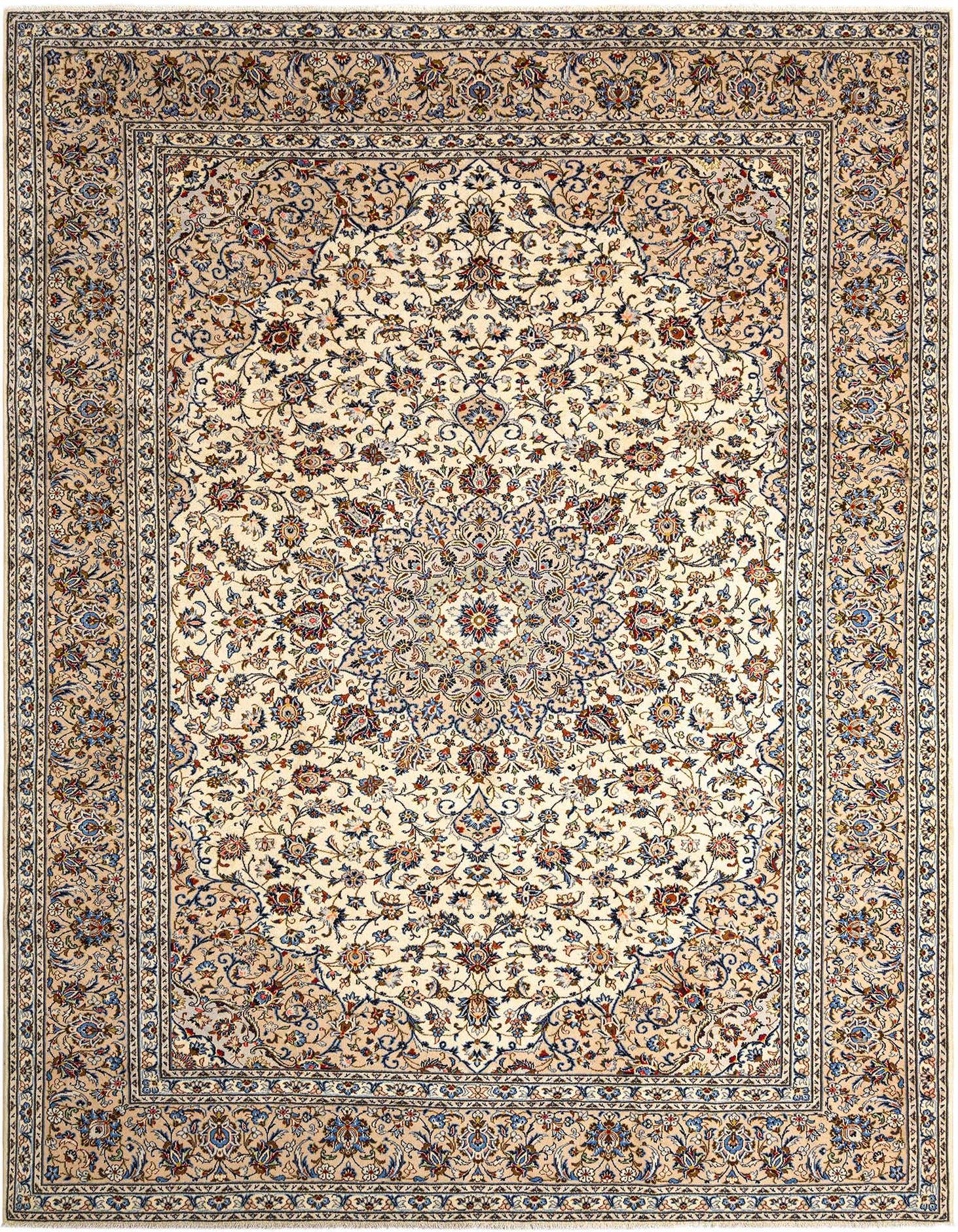 A rectangular 10x13 Persian rug in shades of brown and tan, featuring an intricate floral medallion pattern.